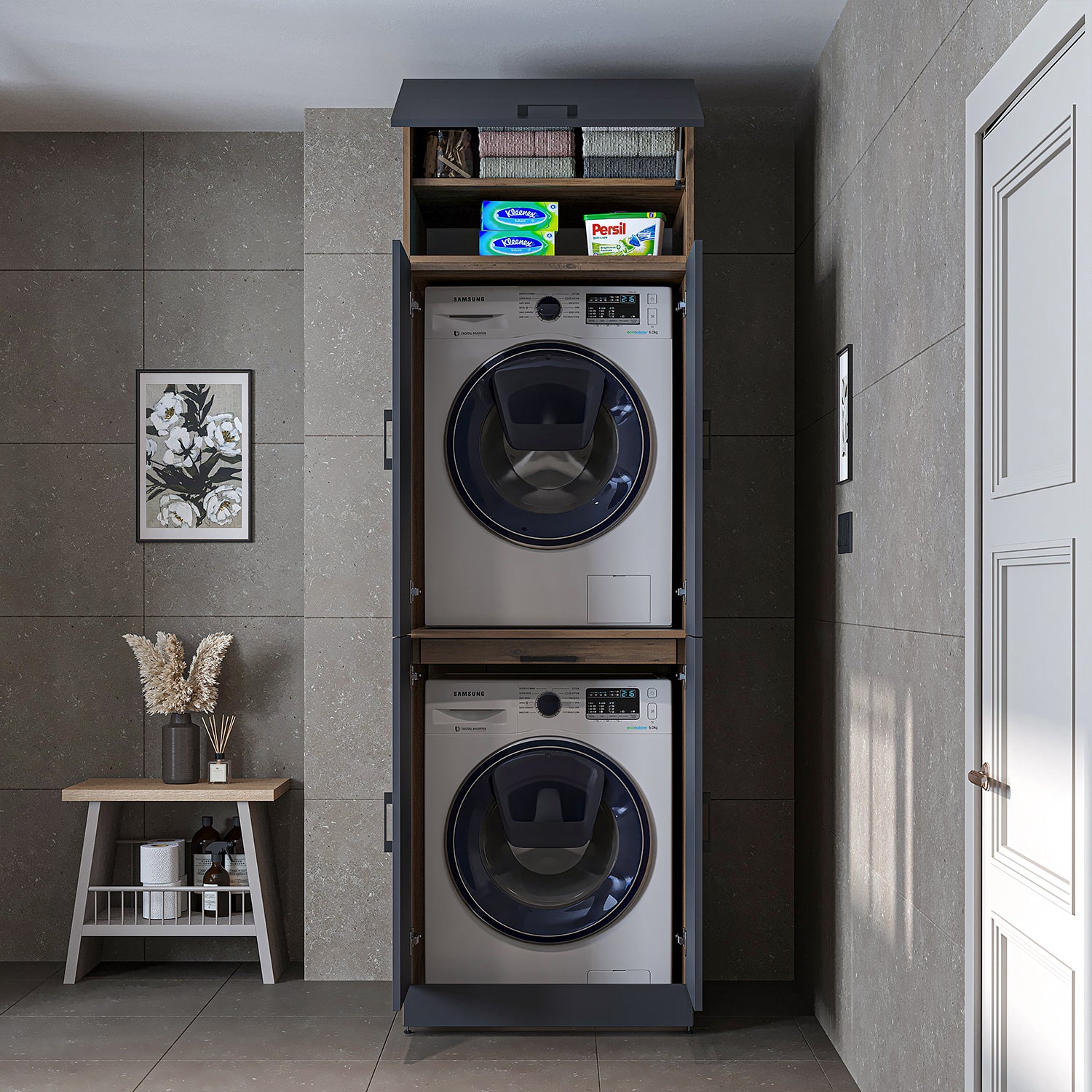 Roomart Waschmaschinenschrank " DORA " für Trockner & Waschmaschine, in 4 Farben, mit Türen & Ausziehbrett • Weiß • Weiß Eiche • Anthrazit Eiche • Eiche - waschmaschinenschrank, waschmaschinenregal, waschturm, schrank, weiß, waschmaschinen, unterschrank,