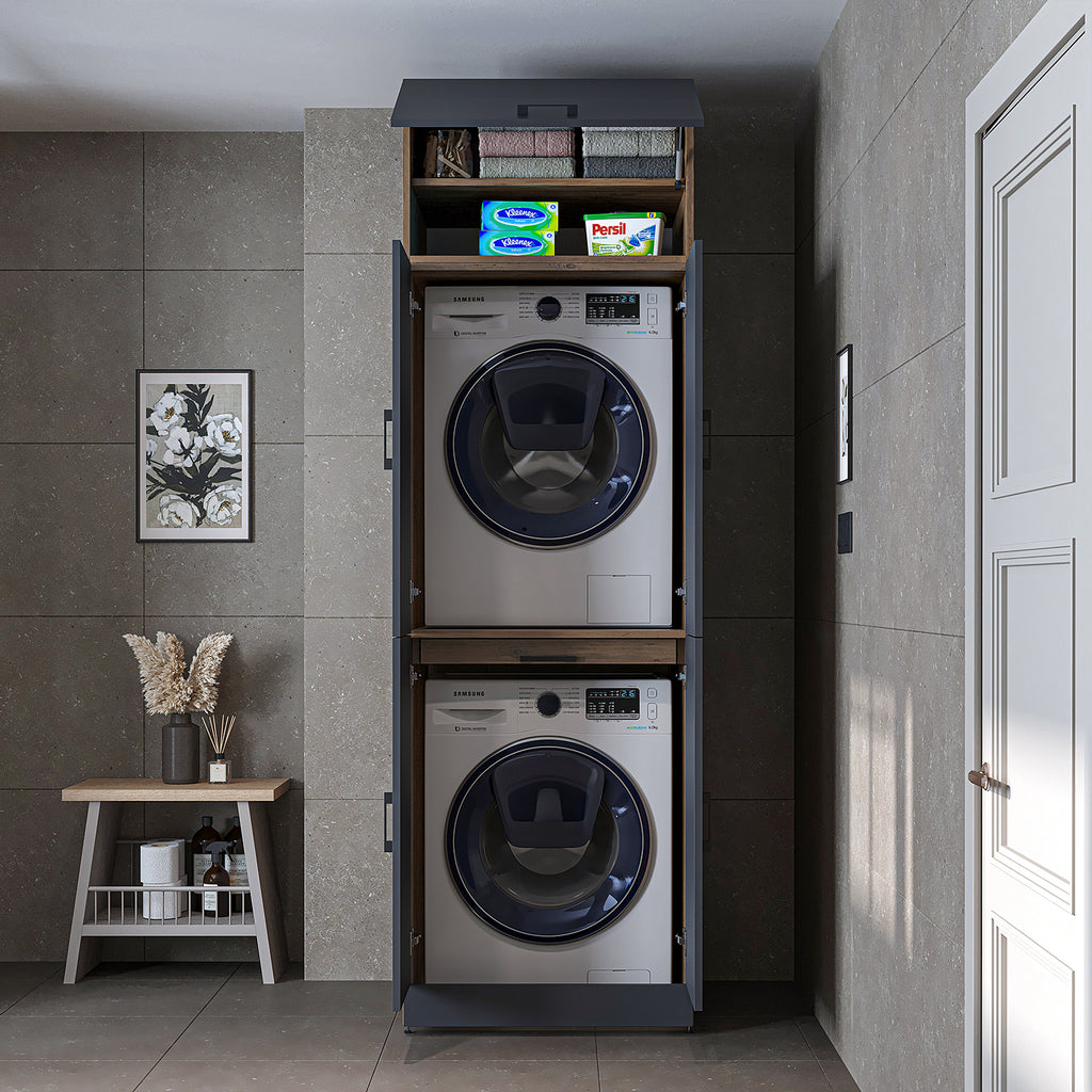 Roomart washing machine cabinet " DORA " for dryer & washing machine, in 4 colors, with doors & pull-out shelf - white - white oak - anthracite oak - oak - washing machine cabinet, washing machine shelf, washing tower, cabinet, white, washing machines, base cabinet,