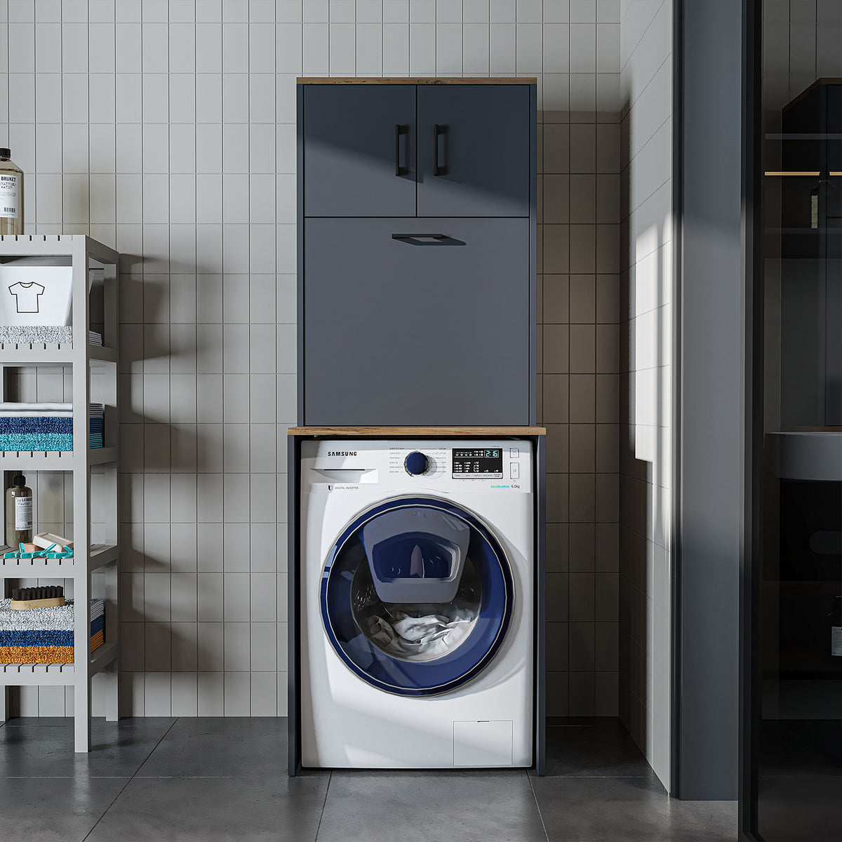Roomart, washing machine cabinet LUNA, washing machine superstructure with laundry basket, WDH: 65 X 181 X 65 cm, in white, oak, anthracite oak, oak - washing machine cabinet, washing machine shelf, washing tower, cabinet, white, washing machines, base cabinet, washing machine, t