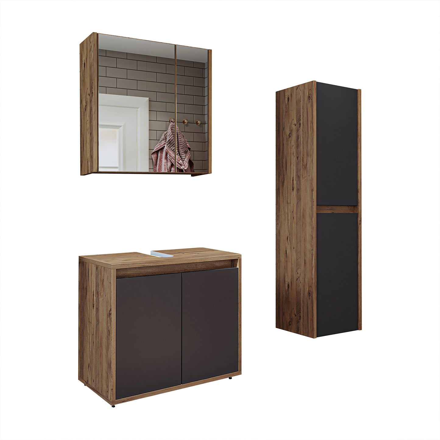 Roomart Badmöbel Set MELONA 3-teilig, in 4 Farben, 65cm Unterschrank • Spiegelschrank • Hochschrank-badezimmerschrank, waschbecken, badezimmermöbel, badschrank, badezimmer, mit, unterschrank, badmöbel, set, waschtisch, möbel, badezimmermãbel, bad, badezim