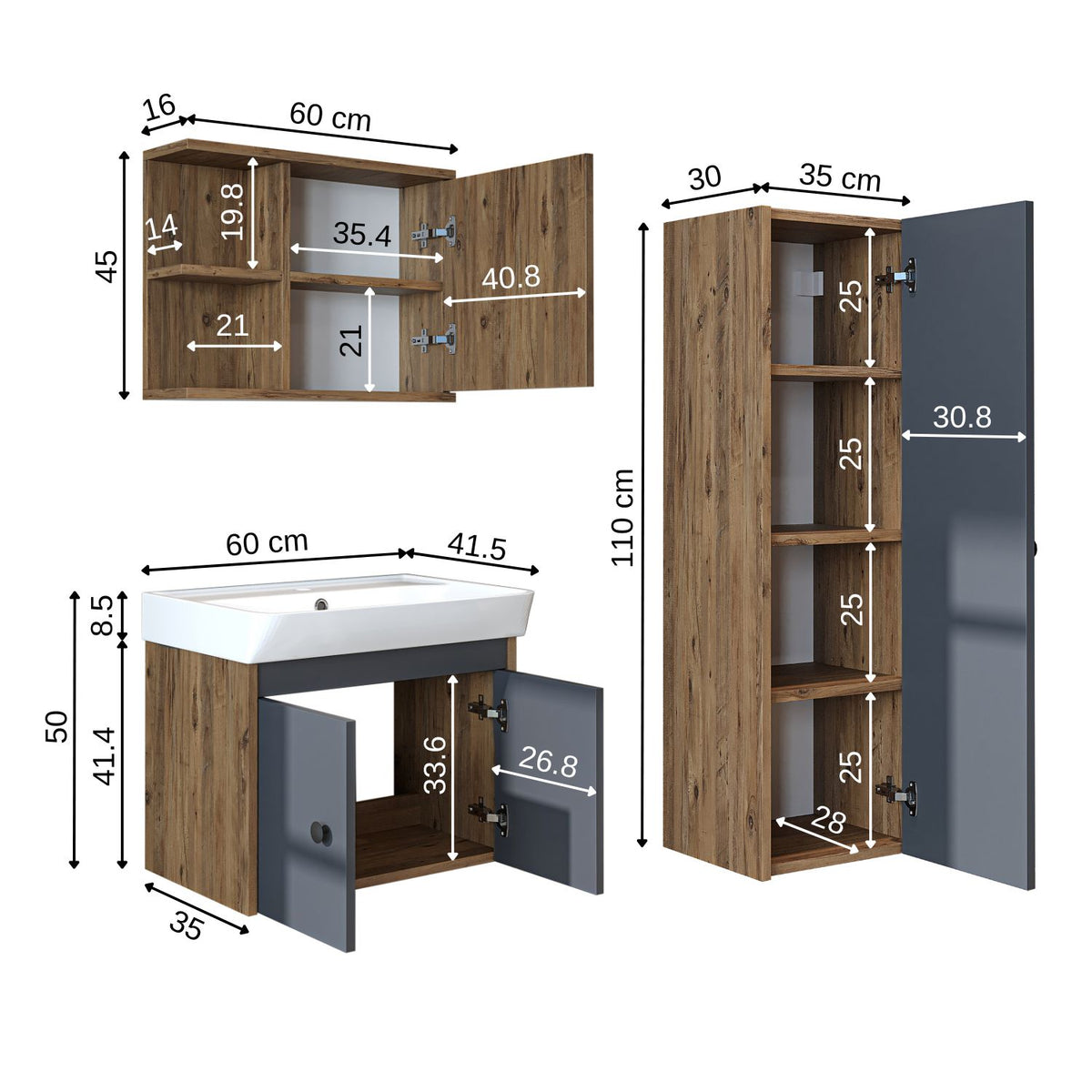 Roomart 4-teiliges Badmöbel-Set ADA, 60 cm, mit Waschbecken und Hochschrank, in 5 Farben