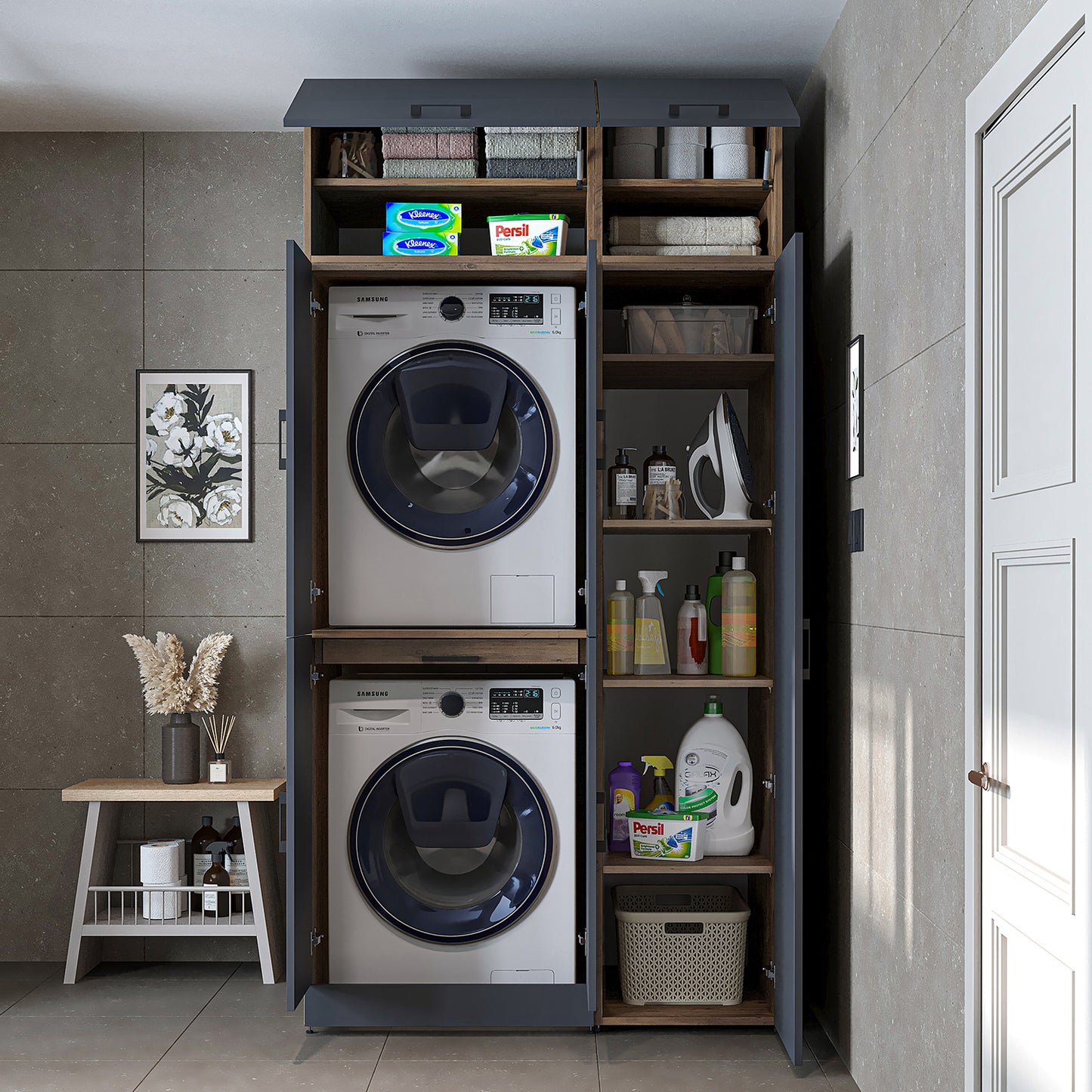 Roomart Waschmaschinenschrank " DORA SET" für Trockner & Waschmaschine, 115 cm breit, in 4 Farben, mit Türen & Ausziehbrett • Weiß • Weiß Eiche • Anthrazit Eiche • Eiche