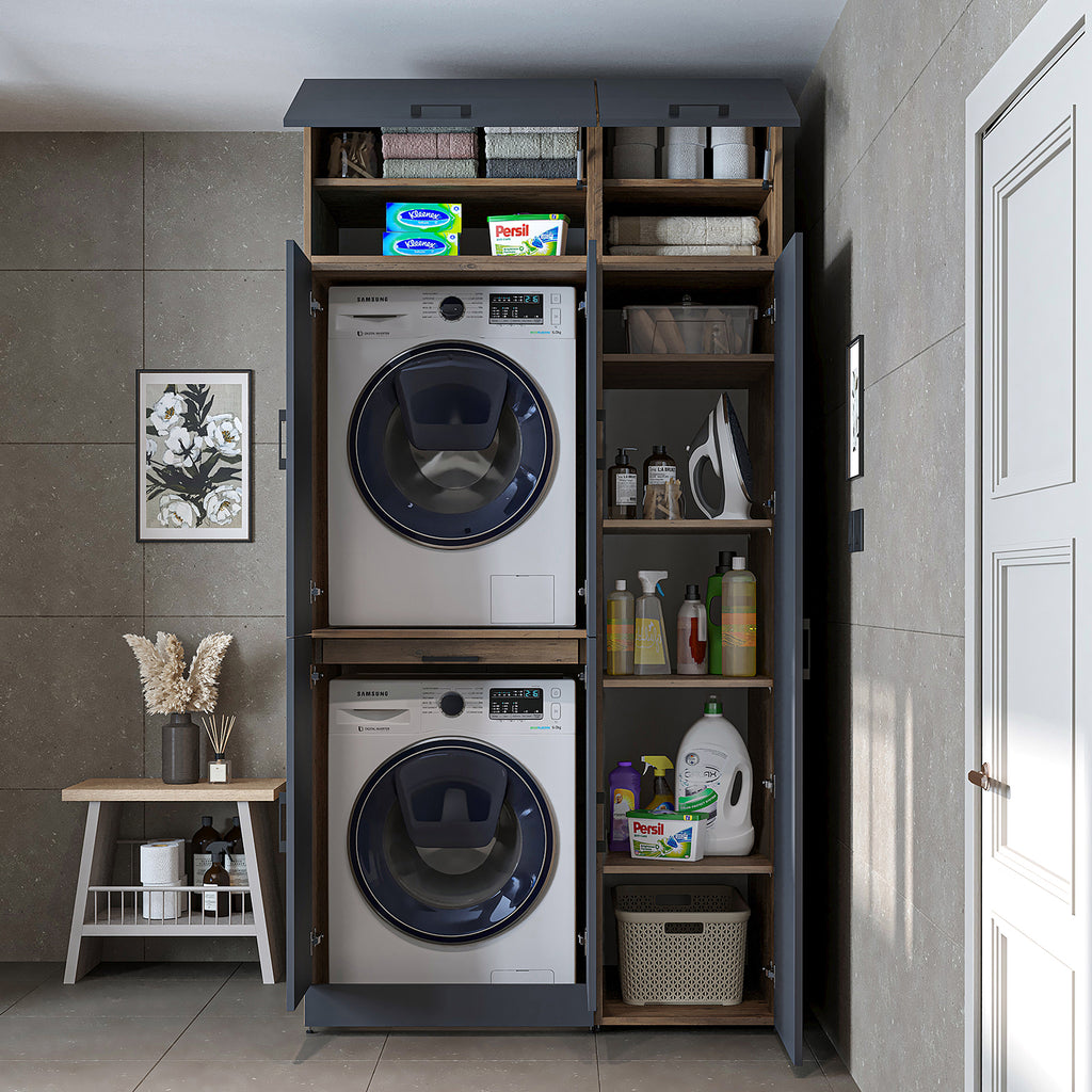 Roomart washing machine cabinet " DORA SET" for dryer & washing machine, 115 cm wide, in 4 colors, with doors & pull-out shelf - white - white oak - anthracite oak - oak