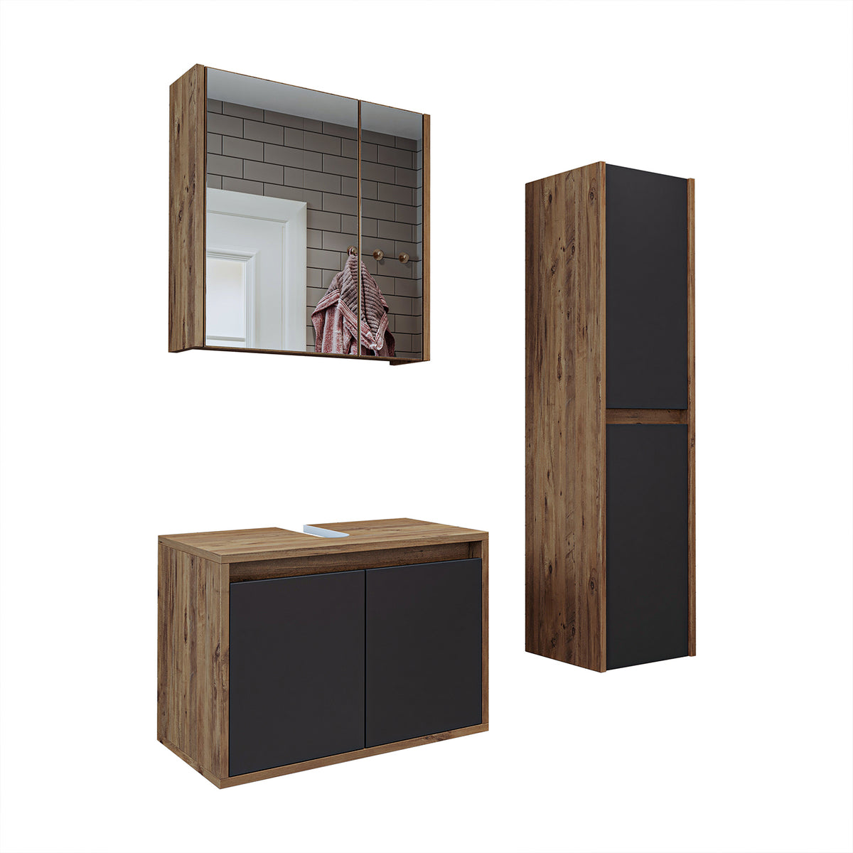 Set di mobili da bagno Roomart MELONA 3 pezzi, in 4 colori, mobiletto da 65 cm - specchiera - colonna - mobili da bagno, set, lavabo, lavatoio, bagno, mobili da bagno, mobili da bagno, mobile da bagno, mobile da lavabo, cm, largo, moderno, lavabo, profondo, con, mobiletto da bagno