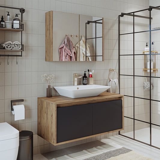 Roomart • Badmöbel Set • ATLANTIC • 3 Teilig • 100 cm Unterschrank mit Keramikwaschbecken • 80 cm Spiegelschrank- badezimmerschrank, waschbecken, badezimmermöbel, badschrank, badezimmer, mit, unterschrank, badmöbel, set, waschtisch, möbel, badezimmermãbel