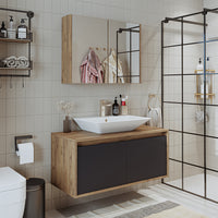 Roomart • Badmöbel Set • ATLANTIC • 3 Teilig • 100 cm Unterschrank mit Keramikwaschbecken • 80 cm Spiegelschrank- badezimmerschrank, waschbecken, badezimmermöbel, badschrank, badezimmer, mit, unterschrank, badmöbel, set, waschtisch, möbel, badezimmermãbel