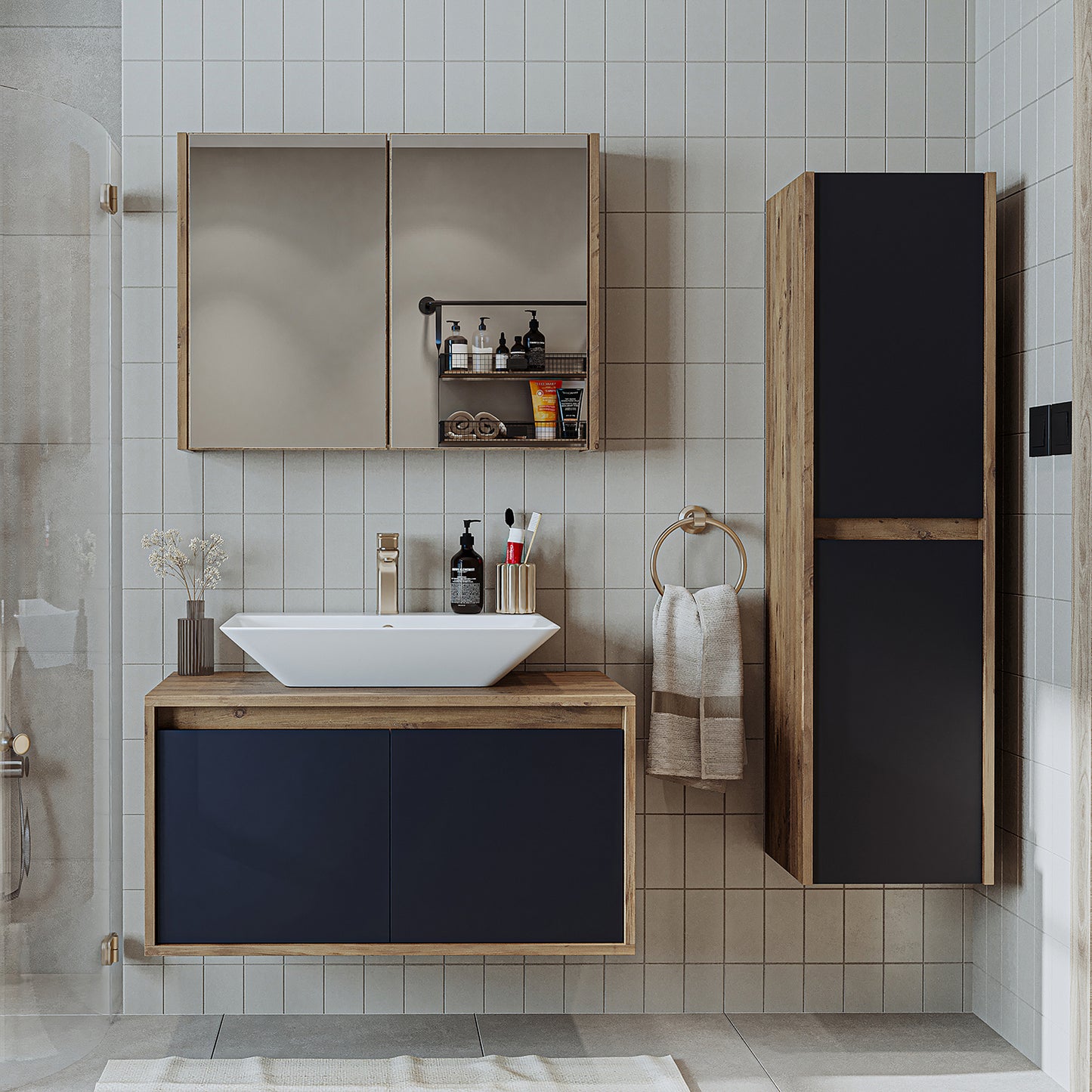 Roomart juego de muebles de baño ATLANTIC 4 piezas 85 cm en 5 colores mueble con lavabo de cerámica - armario con espejo - armario alto - mueble de baño, lavabo, muebles de baño, mueble de baño, baño, con, mueble con lavabo, mueble de baño, juego, lavabo, mueble, baño
