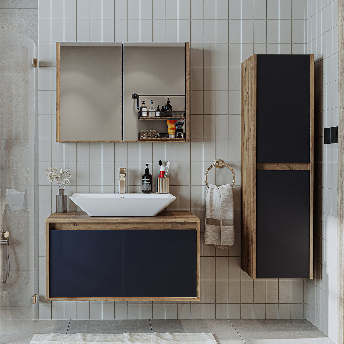Roomart Badmöbel Set ATLANTIC 4-teilig 85 cm in 5 Farben Unterschrank mit Keramikwaschbecken • Spiegelschrank • Hochschrank - badezimmerschrank, waschbecken, badezimmermöbel, badschrank, badezimmer, mit, unterschrank, badmöbel, set, waschtisch, möbel, bad