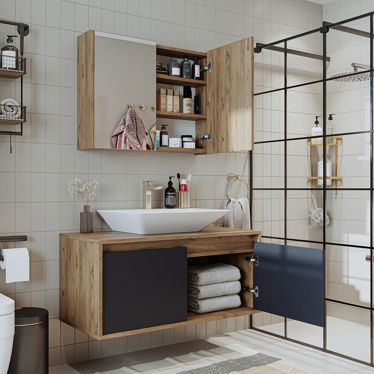 Roomart • Badmöbel Set • ATLANTIC • 3 Teilig • 100 cm Unterschrank mit Keramikwaschbecken • 80 cm Spiegelschrank- badezimmerschrank, waschbecken, badezimmermöbel, badschrank, badezimmer, mit, unterschrank, badmöbel, set, waschtisch, möbel, badezimmermãbel