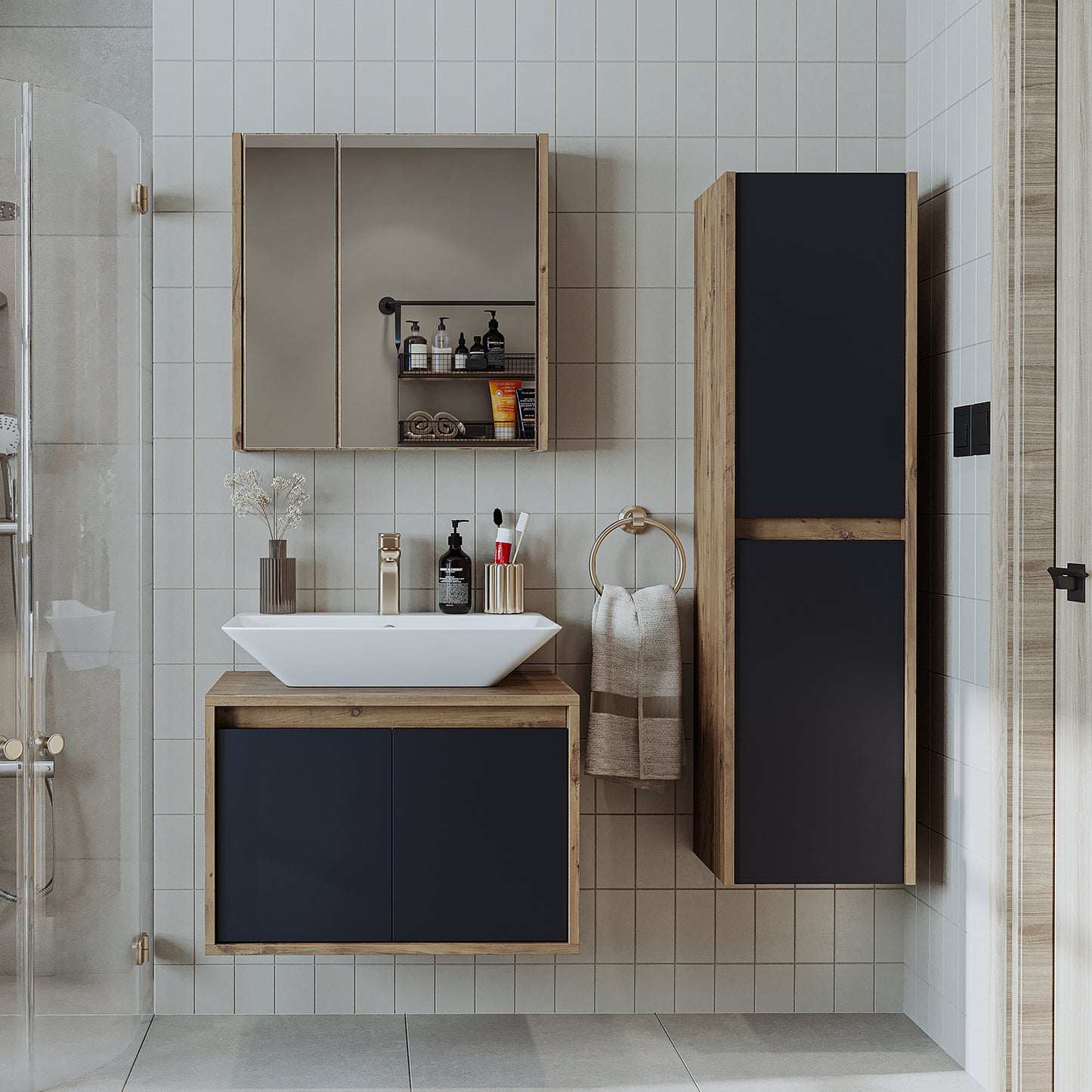 Roomart juego de muebles de baño ATLANTIC 4 piezas, en 5 colores, mueble de baño de 65 cm con lavabo de cerámica - armario con espejo - armario alto - armario con espejo de 80 cm de ancho, armarios con espejo para baño, armario con espejo para baño con iluminación, armario alibert, armario de baño con