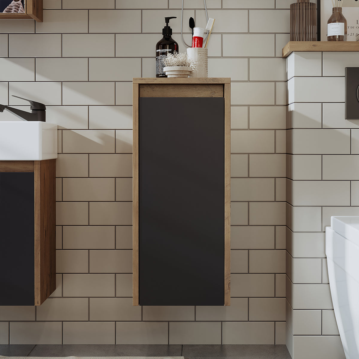 Roomart Badezimmer Seitenschrank, 30 cm, hängend mit Tür und offenem Fach, in 5 Farben