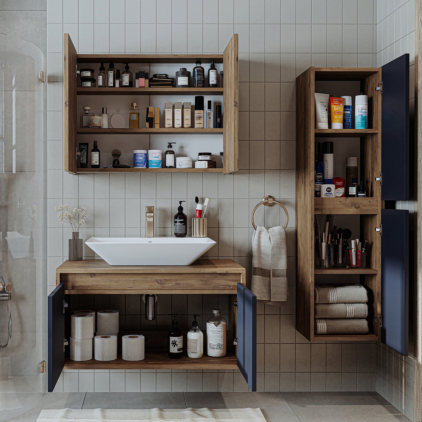 Roomart juego de muebles de baño ATLANTIC 4 piezas 85 cm en 5 colores mueble con lavabo de cerámica - armario con espejo - armario alto - mueble de baño, lavabo, muebles de baño, mueble de baño, baño, con, mueble con lavabo, mueble de baño, juego, lavabo, mueble, baño