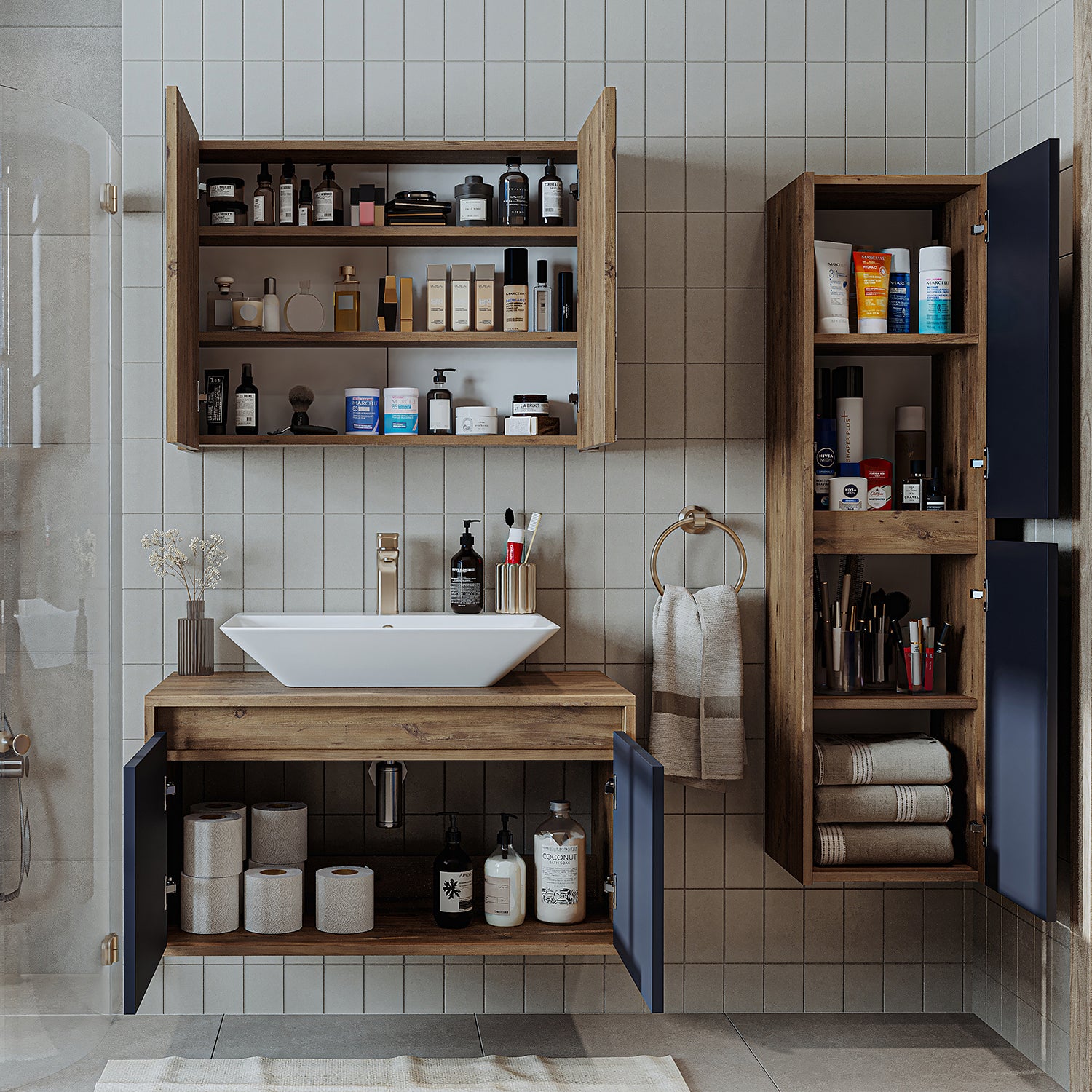 Roomart bathroom furniture set ATLANTIC 4-piece 85 cm in 5 colors vanity unit with ceramic washbasin - mirror cabinet - tall cabinet - bathroom cabinet, washbasin, bathroom furniture, bathroom cabinet, bathroom, with, vanity unit, bathroom furniture, set, washbasin, furniture, bathroom