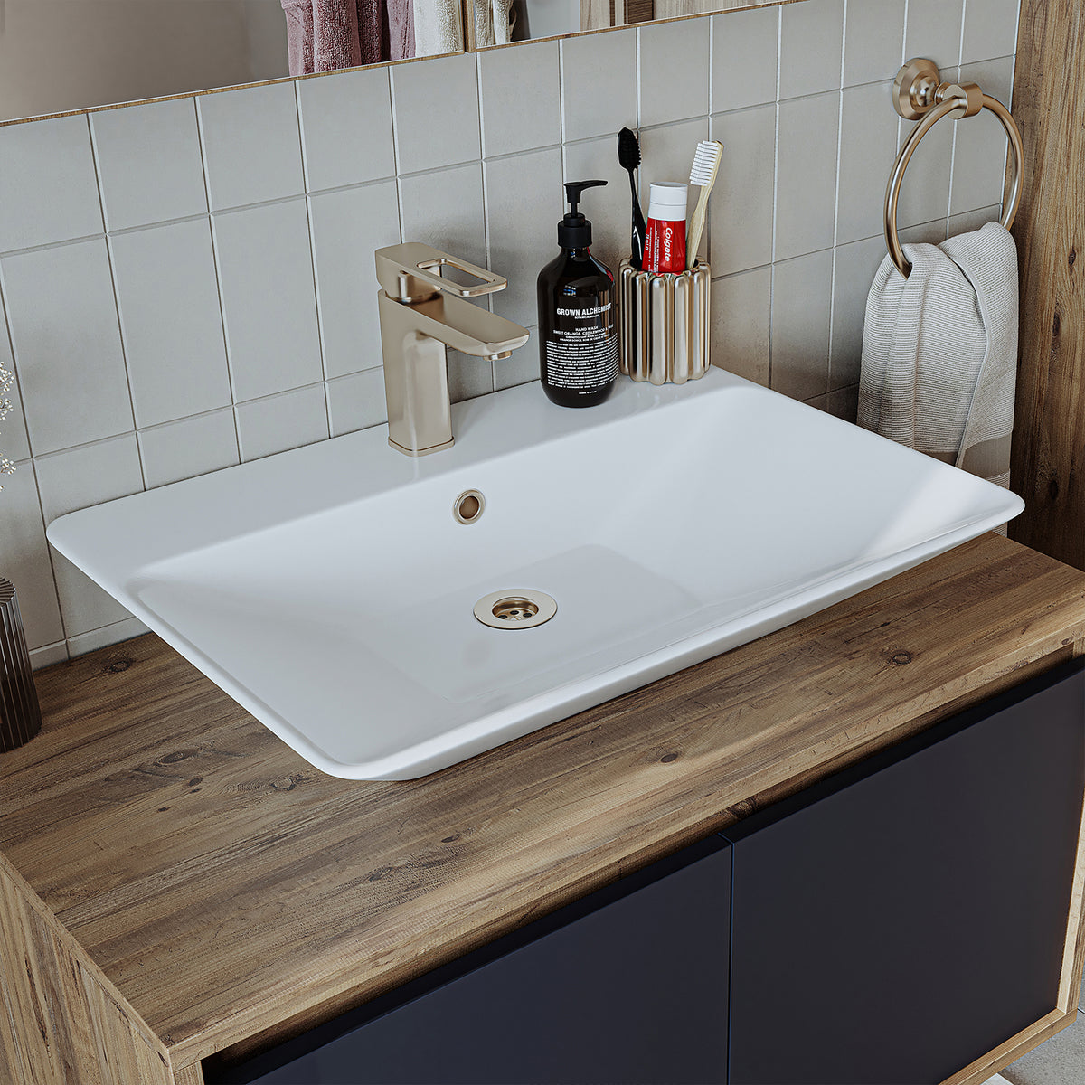 Roomart Badmöbel Set ATLANTIC 4-teilig 85 cm in 5 Farben Unterschrank mit Keramikwaschbecken • Spiegelschrank • Hochschrank - badezimmerschrank, waschbecken, badezimmermöbel, badschrank, badezimmer, mit, unterschrank, badmöbel, set, waschtisch, möbel, bad