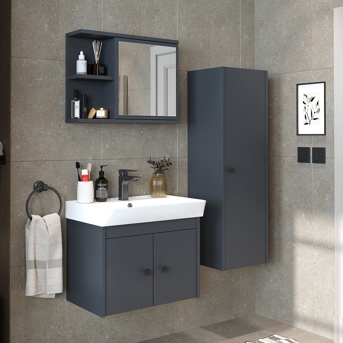 Roomart 4-teiliges Badmöbel-Set ADA, 60 cm, mit Waschbecken und Hochschrank, in 5 Farben