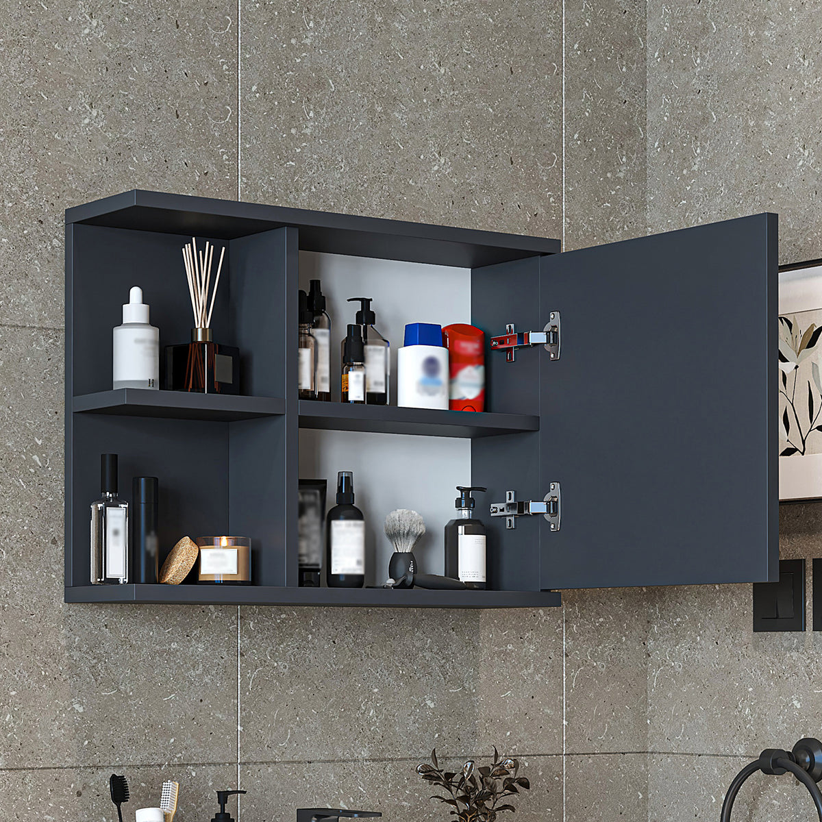 Geöffneter Spiegelschrank ADA mit Fächern hinter der Spiegeltür