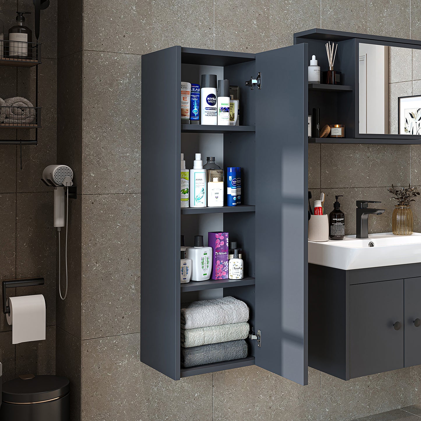 Roomart Seitenschrank „ADA“ – moderner 110 cm Bad-Hängeschrank mit Softclose – in Weiß, Eiche, Anthrazit oder Schwarz - Hängeschrank, wand,  hochschrank, hochschrank weiß, 60 cm breit, küche, waschküche, wohnzimmer, schmal, 40 cm breit landhausstil, stang