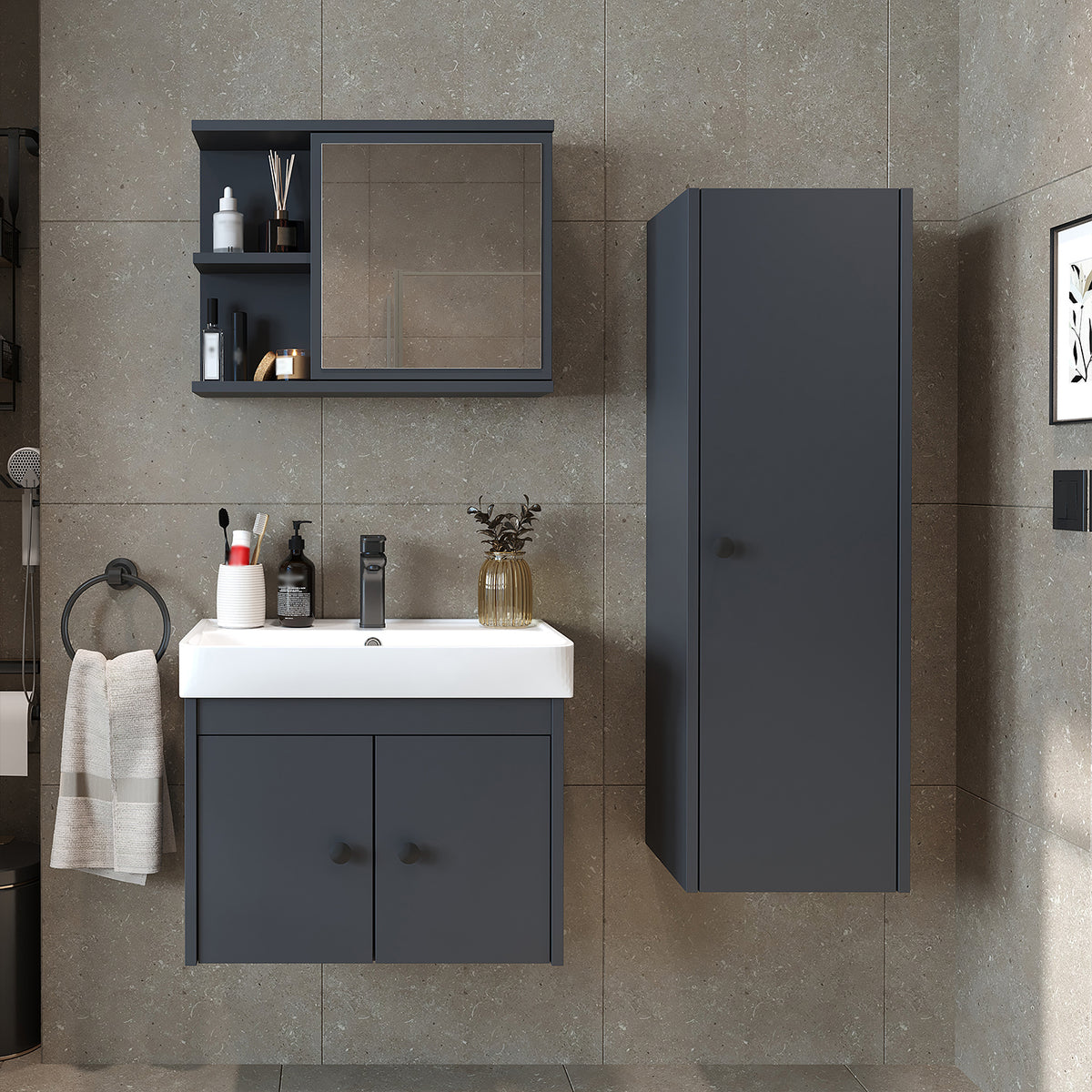 Badmöbel-Set ADA in Anthrazit Eiche mit ovalem Becken und Seitenschrank