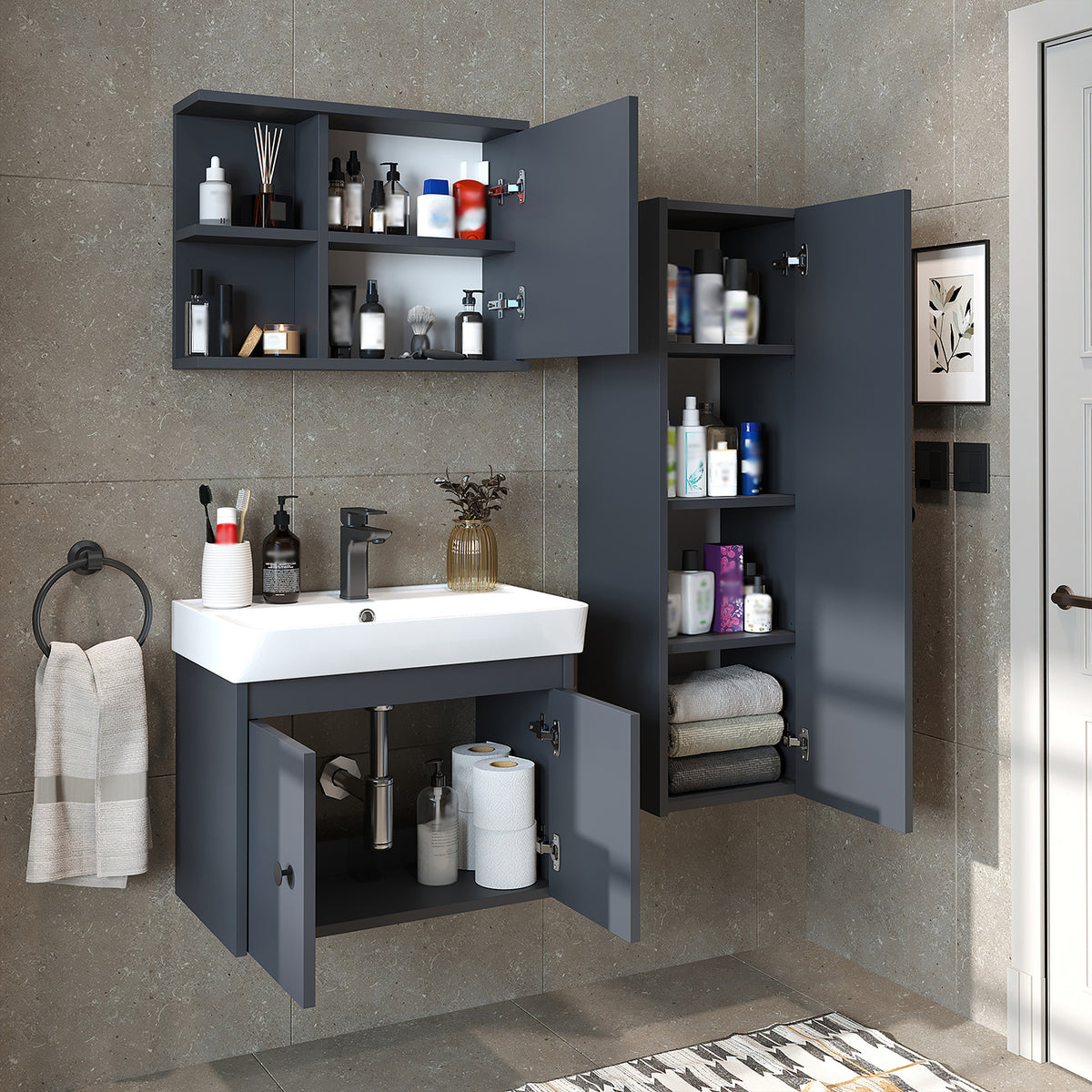 Roomart 4-teiliges Badmöbel-Set ADA, 60 cm, mit Waschbecken und Hochschrank, in 5 Farben