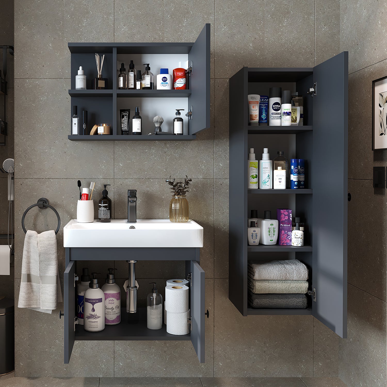 Bathroom furniture set - ADA - Vanity unit with washbasin - Mirror cabinet - Side cabinet - Bathroom furniture - bathroom cabinet, washbasin, bathroom furniture, bathroom cabinet, bathroom, with, vanity unit, bathroom furniture, set, washbasin, furniture, bathroom, bathroom