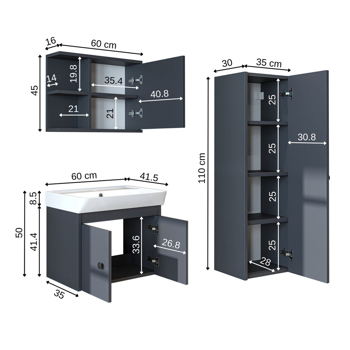 Roomart 4-teiliges Badmöbel-Set ADA, 60 cm, mit Waschbecken und Hochschrank, in 5 Farben