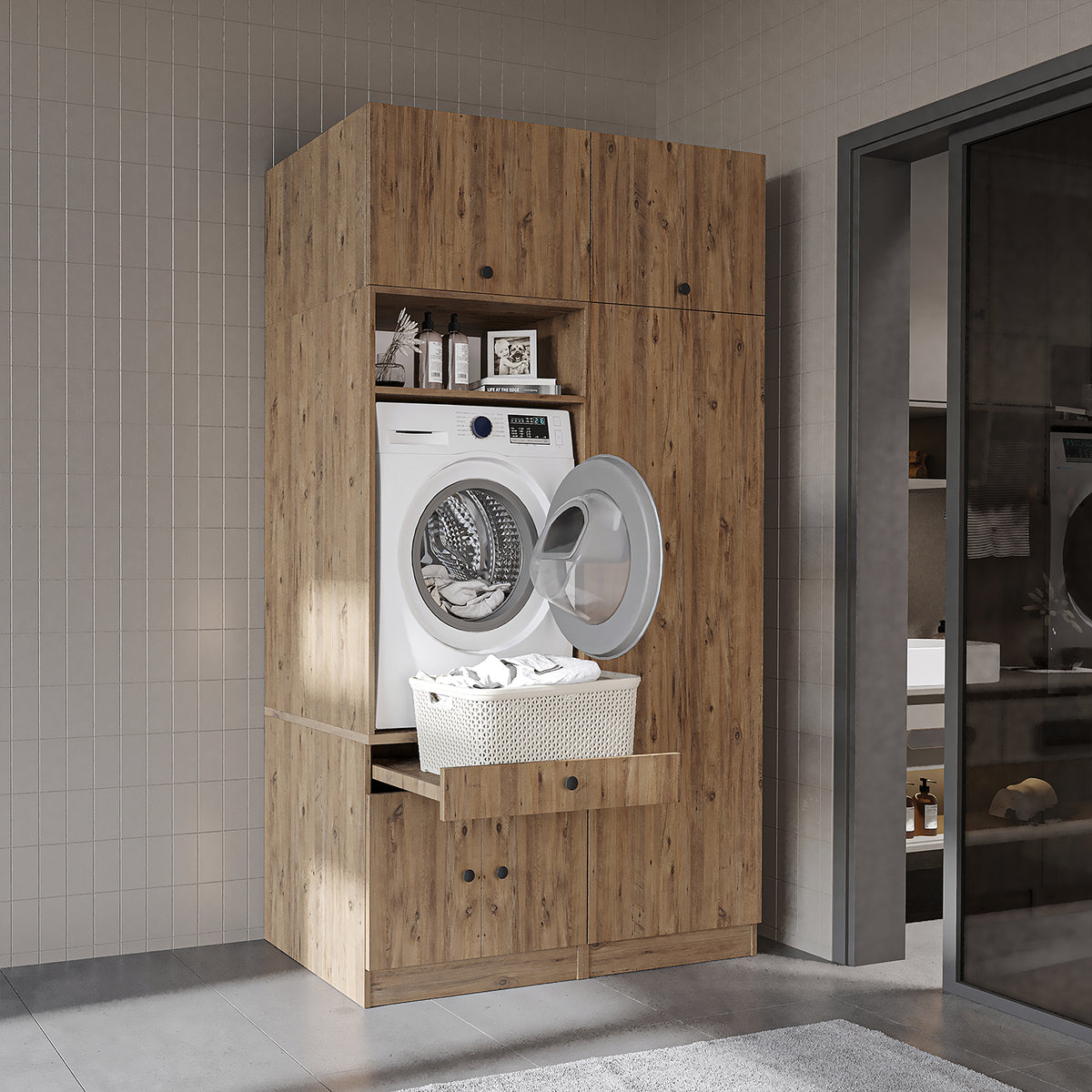 Waschmaschinenschrank SERIE 1 in Eiche, 127 cm breit, mit Hochschrank
