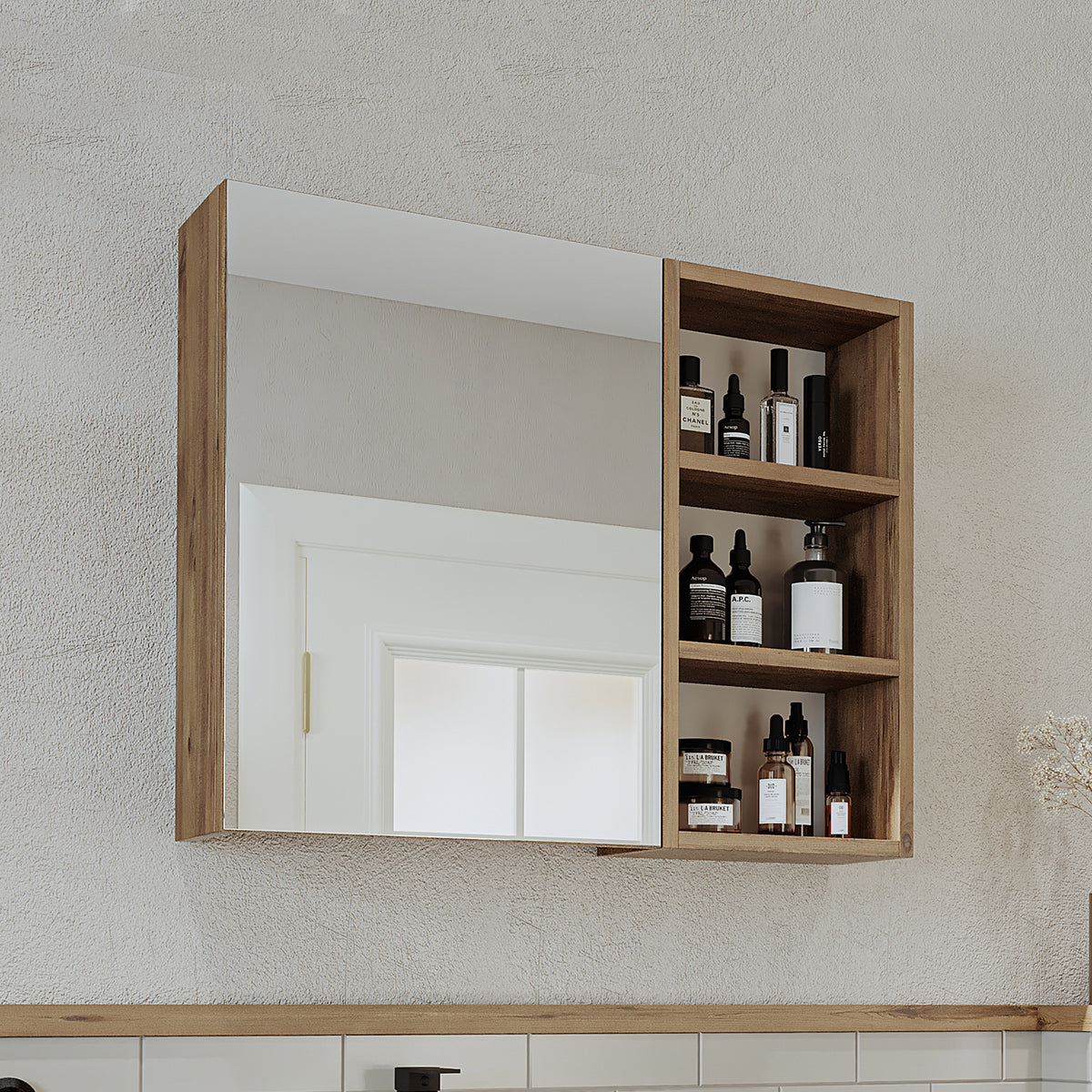 Roomart Badezimmerspiegelschrank "Lotus“ – 65/75/95 cm – in Eiche – moderner Badschrank mit Spiegel - badezimmerspiegelschrank, mirror, lichtschalter, badspiegelschrank, geringe, tiefe, schiebetür, steckdose, eckspiegelschrank, smarter, badhängeschränkch