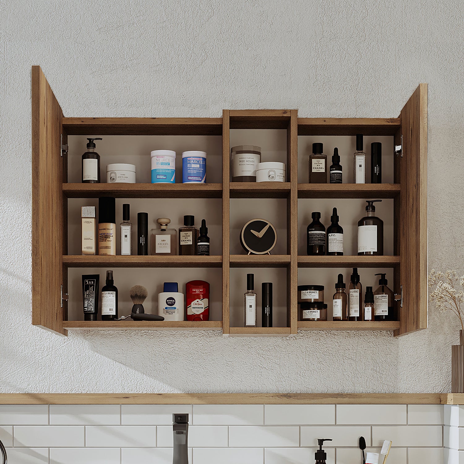 Roomart Badezimmerspiegelschrank "Lotus“ – 65/75/95 cm – in Eiche – moderner Badschrank mit Spiegel -  badezimmerspiegelschrank, mirror, lichtschalter, badspiegelschrank, geringe, tiefe, schiebetür, steckdose, eckspiegelschrank, smarter, badhängeschränkch