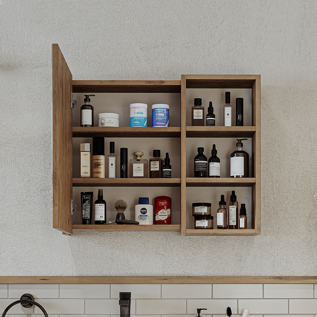 Roomart Badezimmerspiegelschrank "Lotus“ – 65/75/95 cm – in Eiche – moderner Badschrank mit Spiegel -  badezimmerspiegelschrank, mirror, lichtschalter, badspiegelschrank, geringe, tiefe, schiebetür, steckdose, eckspiegelschrank, smarter, badhängeschränkch