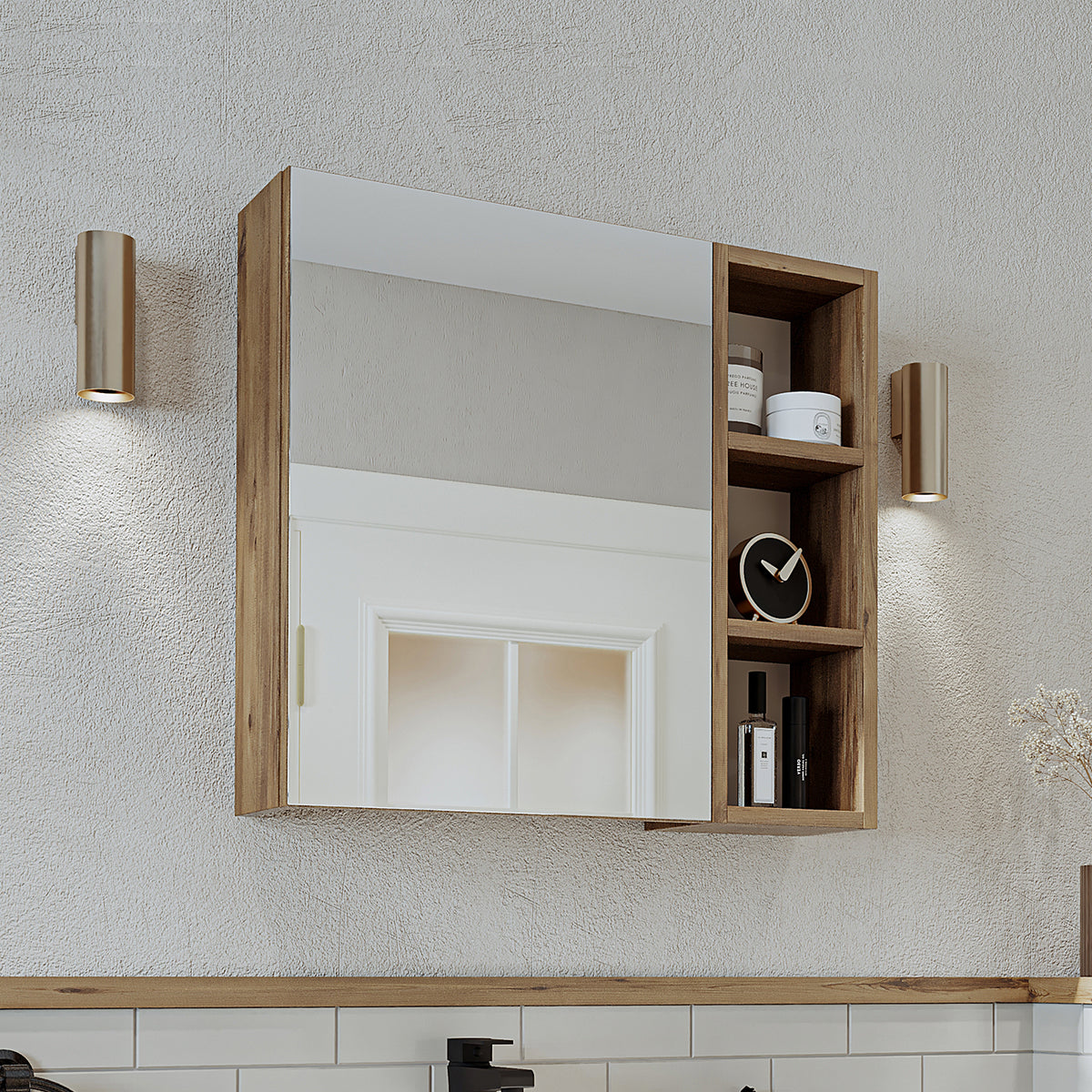 Roomart Badezimmerspiegelschrank "Lotus“ – 65/75/95 cm – in Eiche – moderner Badschrank mit Spiegel - badezimmerspiegelschrank, mirror, lichtschalter, badspiegelschrank, geringe, tiefe, schiebetür, steckdose, eckspiegelschrank, smarter, badhängeschränkch