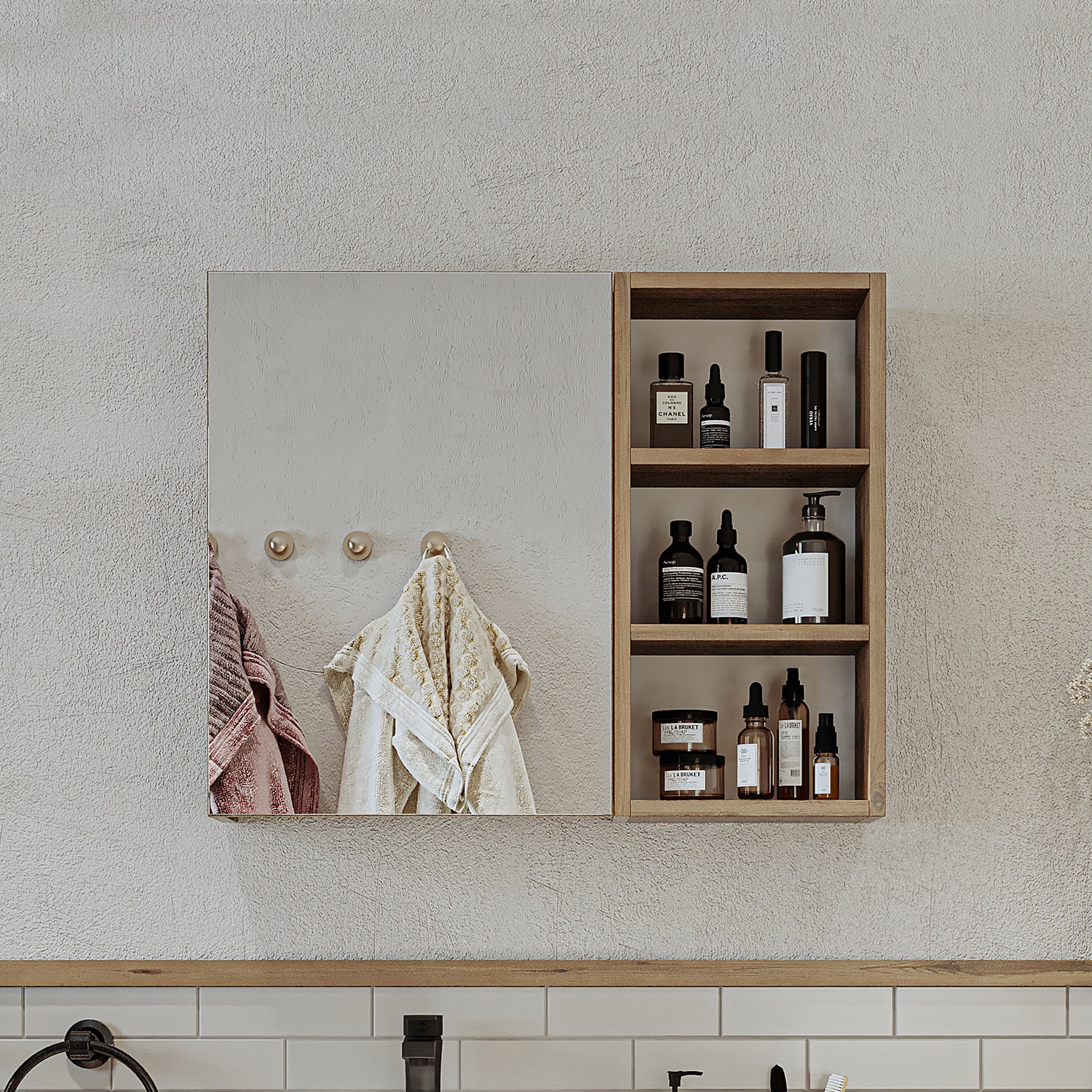 Roomart Badezimmerspiegelschrank "Lotus“ – 65/75/95 cm – in Eiche – moderner Badschrank mit Spiegel -  badezimmerspiegelschrank, mirror, lichtschalter, badspiegelschrank, geringe, tiefe, schiebetür, steckdose, eckspiegelschrank, smarter, badhängeschränkch