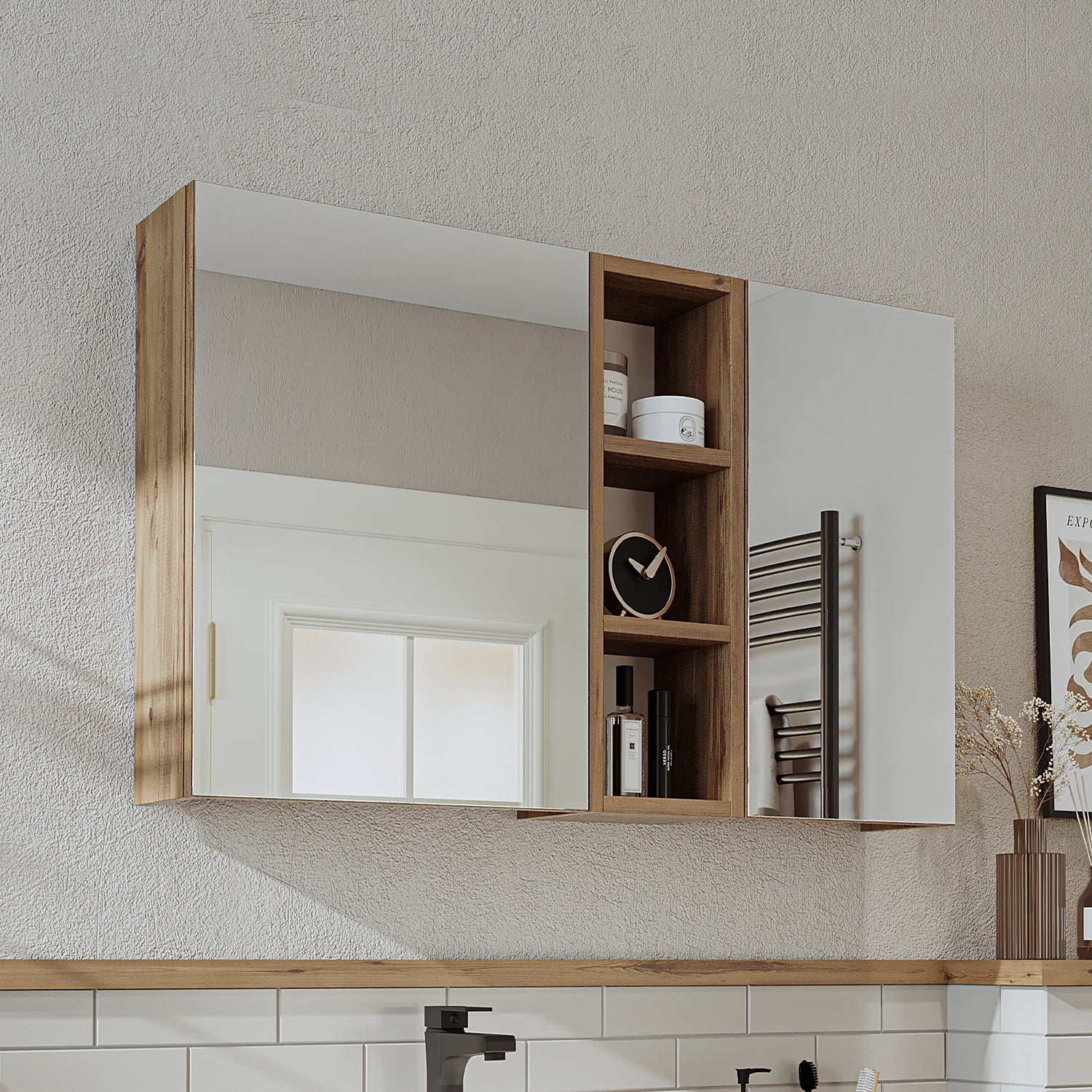 Roomart Badezimmerspiegelschrank "Lotus“ – 65/75/95 cm – in Eiche – moderner Badschrank mit Spiegel -  badezimmerspiegelschrank, mirror, lichtschalter, badspiegelschrank, geringe, tiefe, schiebetür, steckdose, eckspiegelschrank, smarter, badhängeschränkch