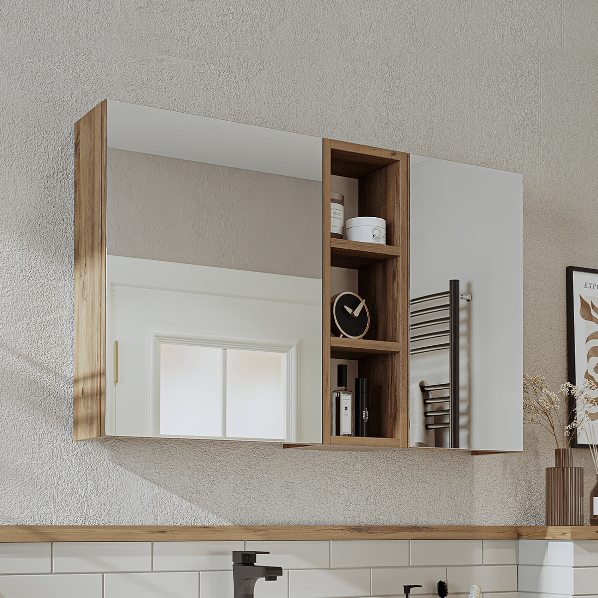 Roomart Badezimmerspiegelschrank "Lotus“ – 65/75/95 cm – in Eiche – moderner Badschrank mit Spiegel - badezimmerspiegelschrank, mirror, lichtschalter, badspiegelschrank, geringe, tiefe, schiebetür, steckdose, eckspiegelschrank, smarter, badhängeschränkch