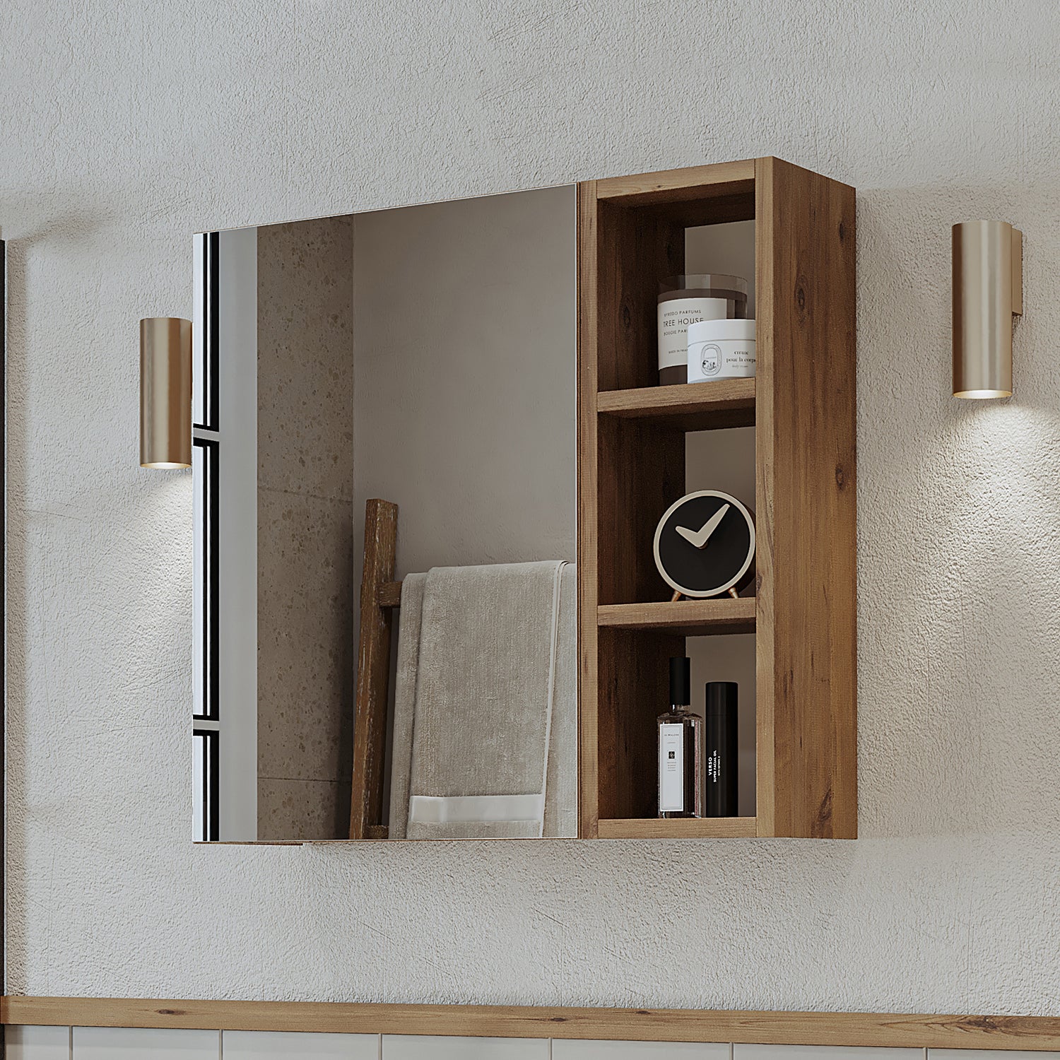 Roomart Badezimmerspiegelschrank "Lotus“ – 65/75/95 cm – in Eiche – moderner Badschrank mit Spiegel -  badezimmerspiegelschrank, mirror, lichtschalter, badspiegelschrank, geringe, tiefe, schiebetür, steckdose, eckspiegelschrank, smarter, badhängeschränkch