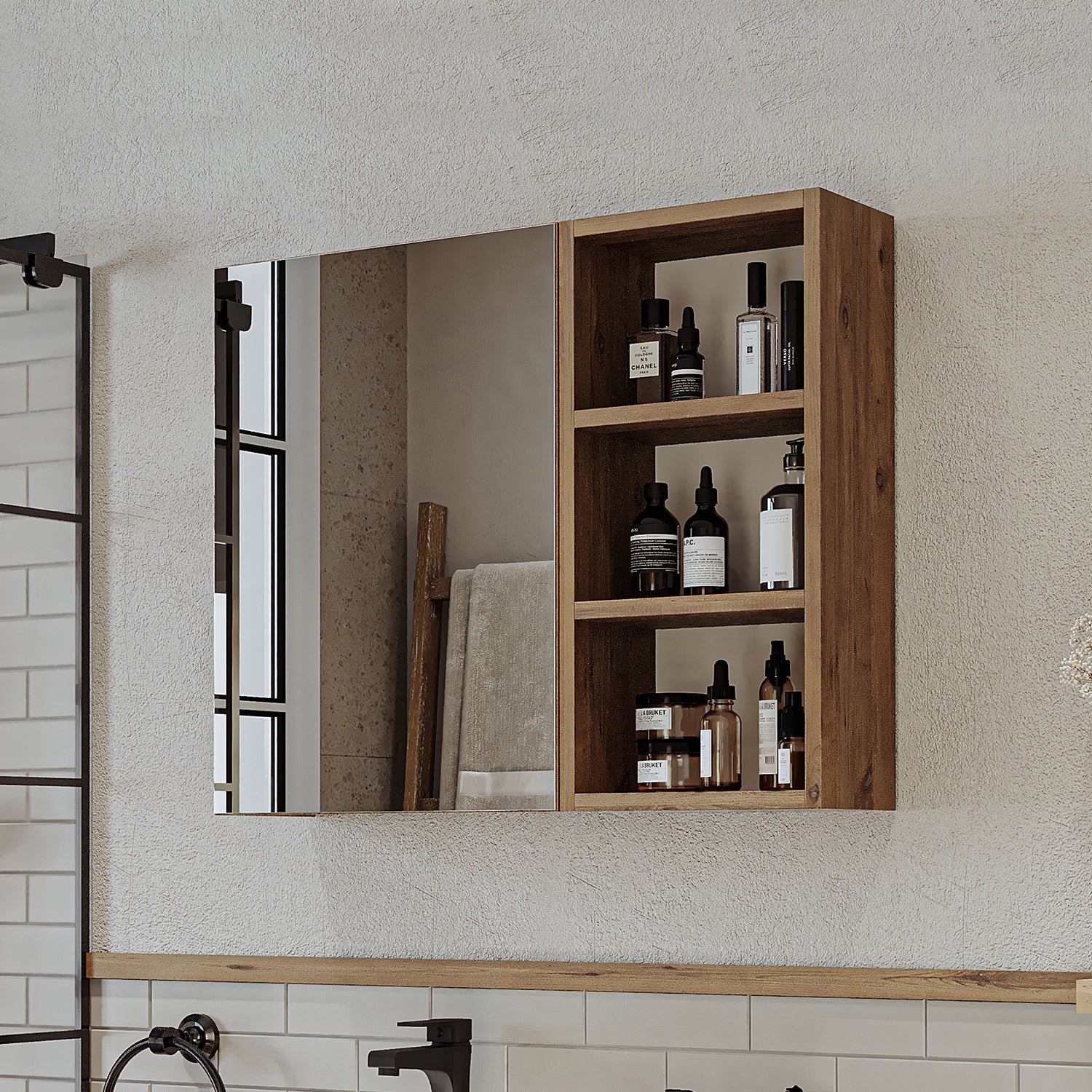 Roomart Badezimmerspiegelschrank "Lotus“ – 65/75/95 cm – in Eiche – moderner Badschrank mit Spiegel -  badezimmerspiegelschrank, mirror, lichtschalter, badspiegelschrank, geringe, tiefe, schiebetür, steckdose, eckspiegelschrank, smarter, badhängeschränkch