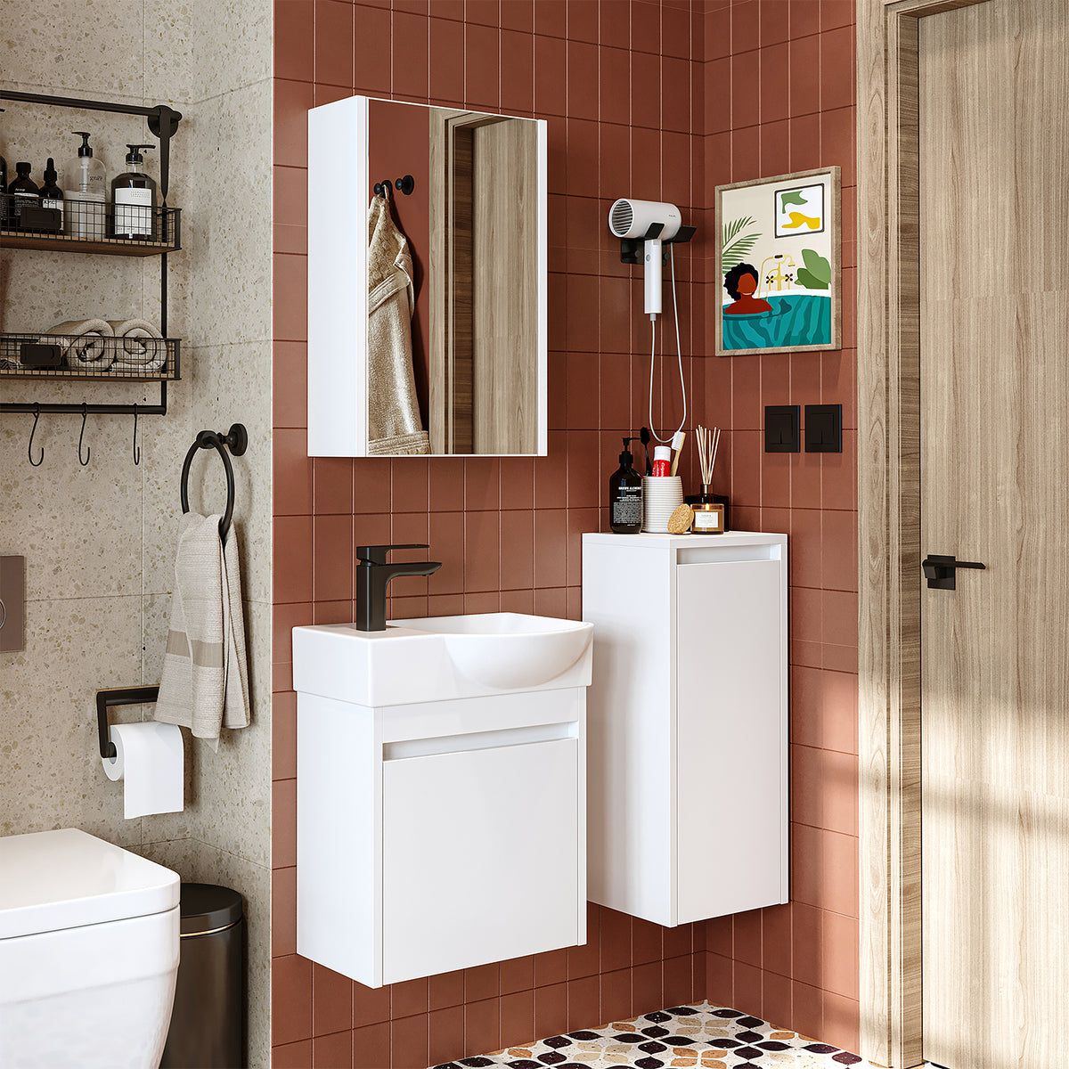 waschbecken, badezimmermöbel set, waschtisch mit unterschrank, badezimmer möbel, hochschrank, schrank, beleuchtung, badmöbel, waschbeckenunterschrank, spiegelschrank, spiegel, breit, bad, gäste, hängend, badezimmerschrank, weiß, furniture
