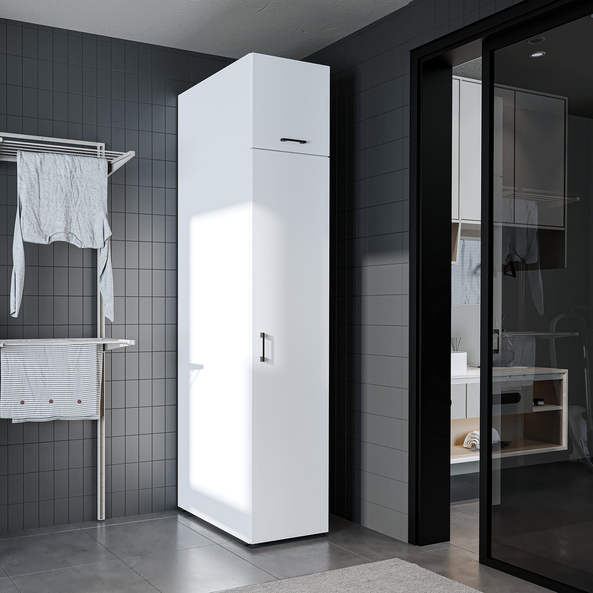 Roomart - DORA Armario alto 45cm ancho - Blanco - Roble blanco - Roble - Roble antracita - armario lavadora, estante lavadora, torre lavadora, armario, blanco, lavadoras, armario bajo, lavadora, secadora, armario hogar, armarios, armario baño, alto