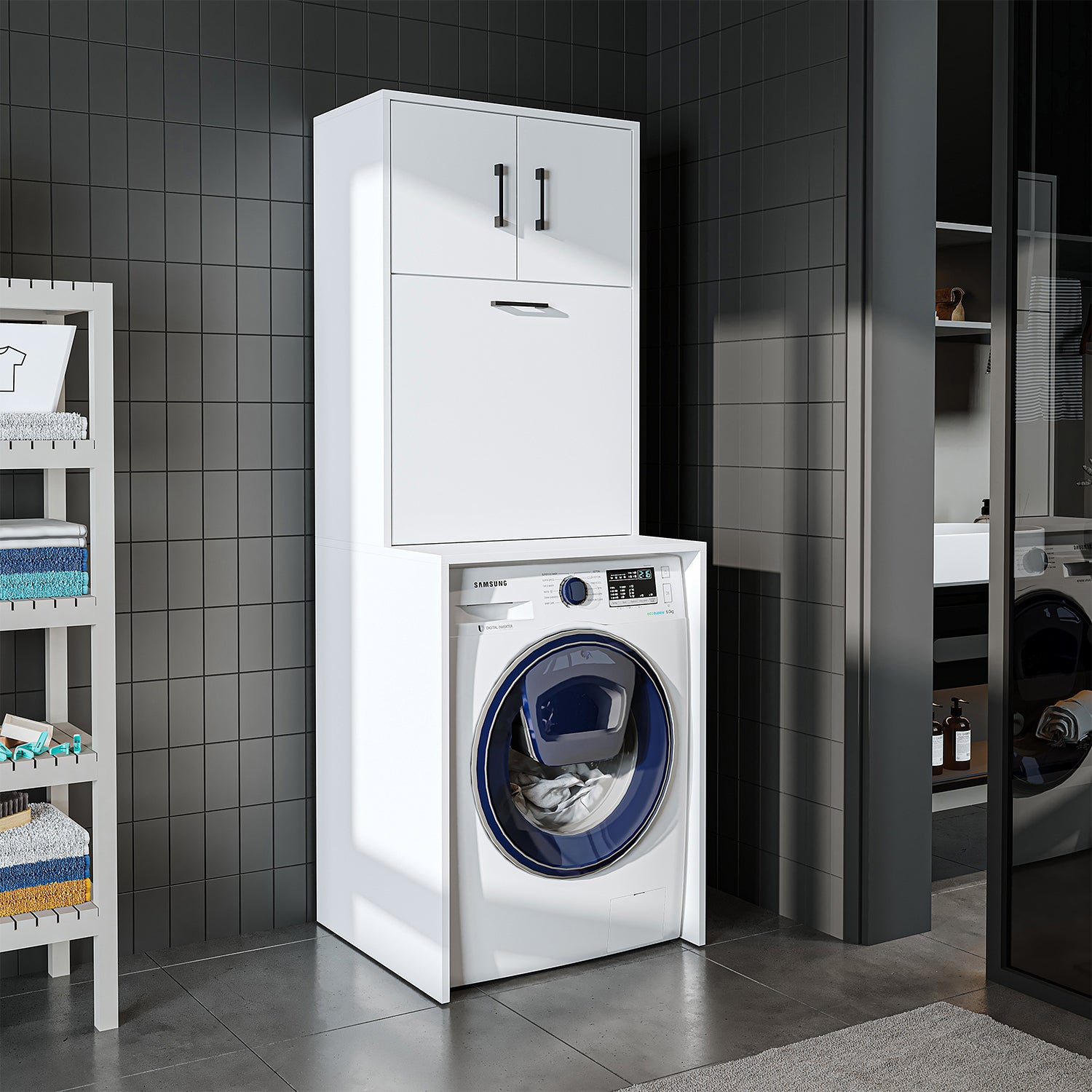 Roomart, Waschmaschinenschrank LUNA, Waschmaschinenüberbau mit Wäschekorb, BHT: 65 X 181 X 65 cm, in Weiß, Eiche, Anthrazit Eiche, Eiche - waschmaschinenschrank, waschmaschinenregal, waschturm, schrank, weiß, waschmaschinen, unterschrank, waschmaschine, t