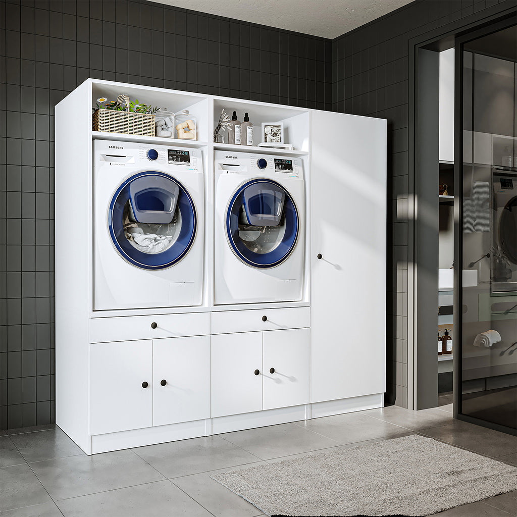 Mueble de pared Roomart para lavadero y cuarto de servicio, en 3 colores, con estante extraíble - blanco - roble negro - mueble para lavadora, estante para lavadora, torre para lavadora, mueble, blanco, lavadoras, mueble bajo, lavadora, secadora, mueble doméstico,