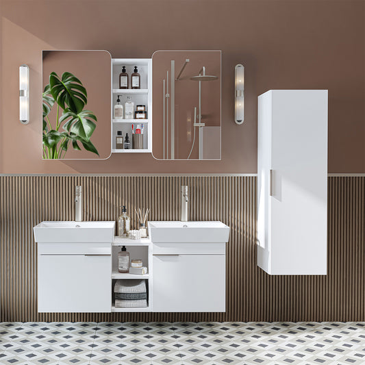 Roomart Badmöbel Set LYCIA 120 cm – 4-teiliges Badezimmermöbel-Set mit Keramik-Waschbecken, Spiegelschrank & Seitenschrank – Badmöbel in 4 Farben