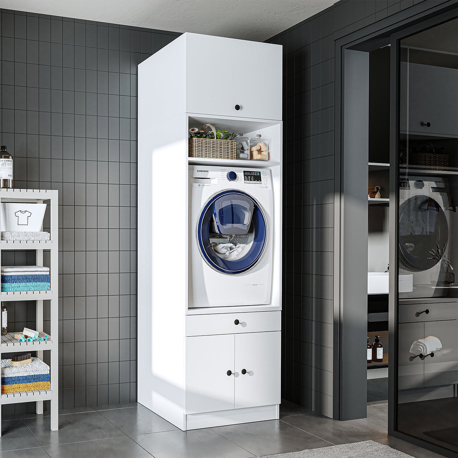Roomart Waschmaschinenschrank mit Ausziehbrett • Weiß • Eiche • Schwarz eiche - waschmaschinenschrank, waschmaschinenregal, waschturm, schrank, weiß, waschmaschinen, unterschrank, waschmaschine, trockner, haushaltsschrank, schränke, badschrank, hochschran