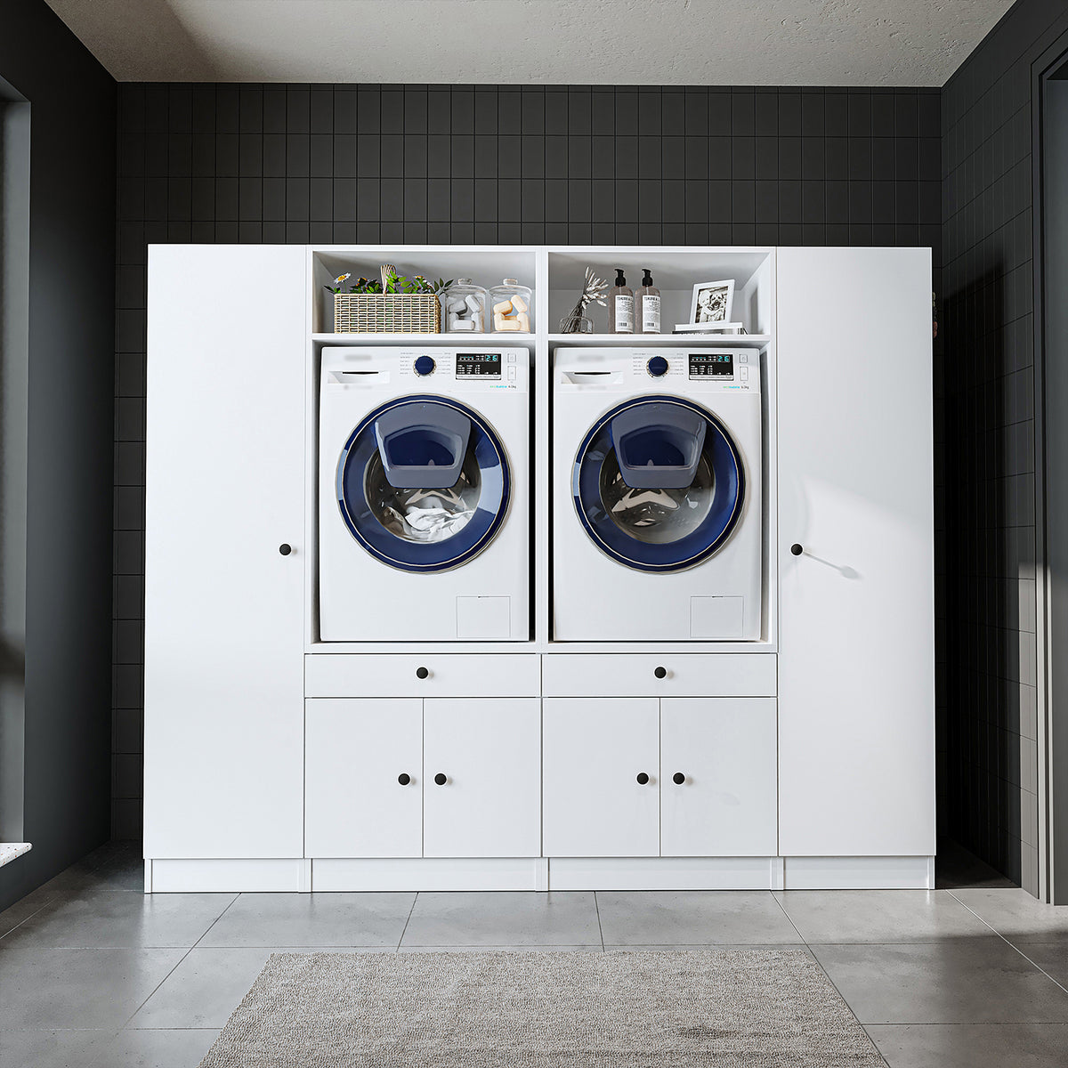 Ver detalles de Roomart Armario para lavadora y mueble alto para lavadero y cuarto de servicio - 224 cm de ancho - con práctico estante extraíble - disponible en blanco, roble o roble negro Roomart Armario para lavadora y mueble alto para lavadero y cuarto de servicio - 224 cm de ancho - con práctico estante extraíble - disponible en blanco, roble o roble negro