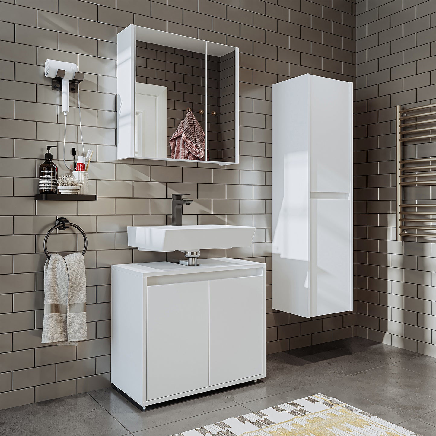 Roomart Badmöbel Set MELONA 3-teilig, in 4 Farben, 65cm Unterschrank • Spiegelschrank • Hochschrank-badezimmerschrank, waschbecken, badezimmermöbel, badschrank, badezimmer, mit, unterschrank, badmöbel, set, waschtisch, möbel, badezimmermãbel, bad, badezim