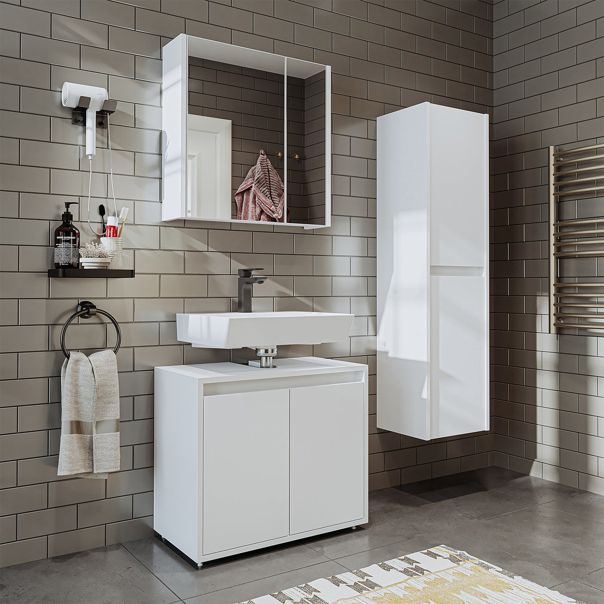 Roomart Badmöbel Set MELONA 3-teilig, in 4 Farben, 65cm Unterschrank • Spiegelschrank • Hochschrank-badezimmerschrank, waschbecken, badezimmermöbel, badschrank, badezimmer, mit, unterschrank, badmöbel, set, waschtisch, möbel, badezimmermãbel, bad, badezim