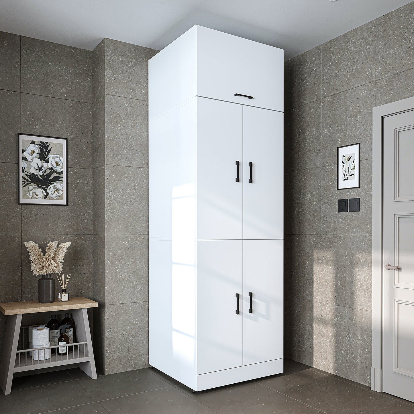 Roomart Waschmaschinenschrank " DORA " für Trockner & Waschmaschine, in 4 Farben, mit Türen & Ausziehbrett • Weiß • Weiß Eiche • Anthrazit Eiche • Eiche - waschmaschinenschrank, waschmaschinenregal, waschturm, schrank, weiß, waschmaschinen, unterschrank,