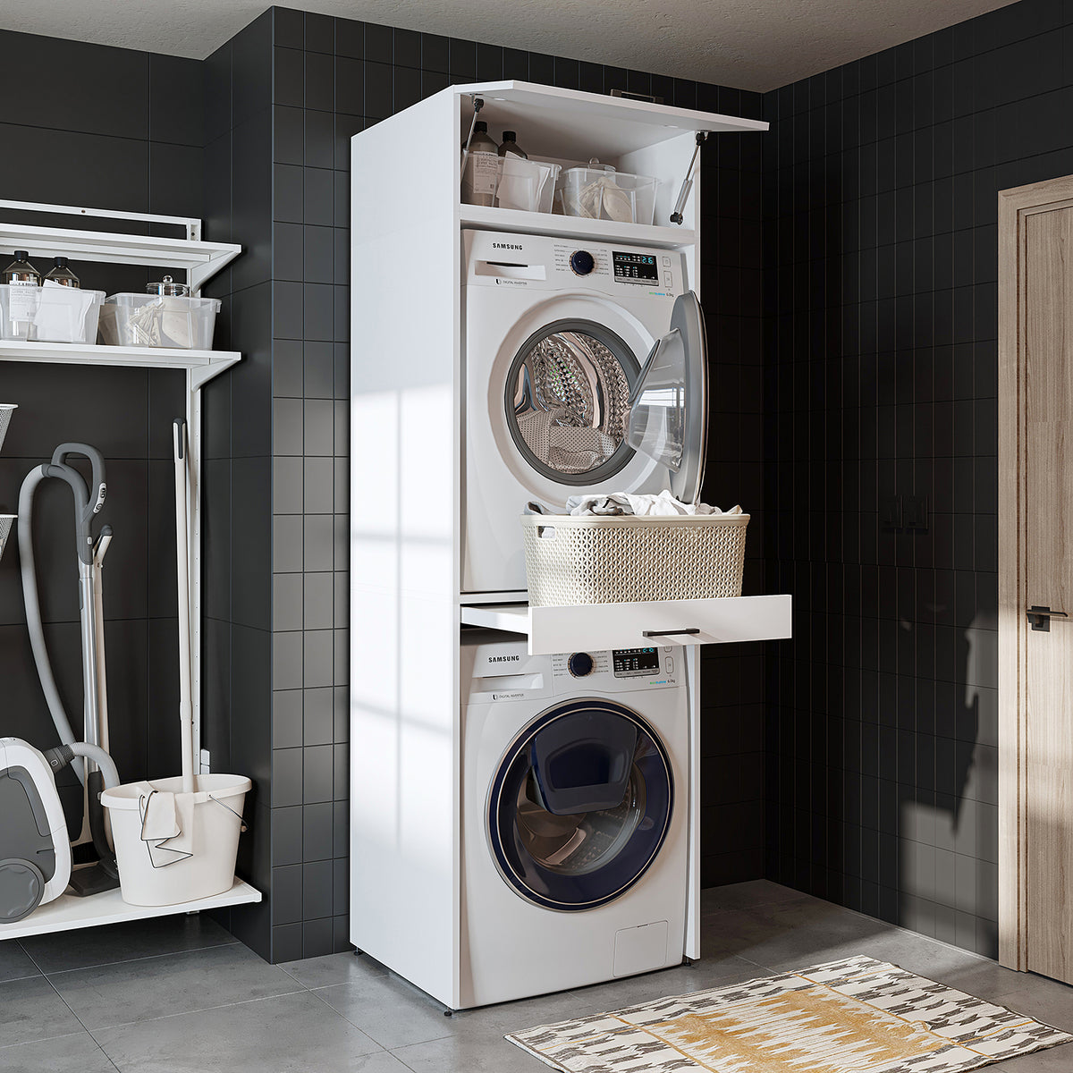 Roomart Waschmaschinenschrank für Trockner & Waschmaschine, in 3 Farben, mit Ausziehbrett • Weiß • Eiche • Schwarz Eiche - waschmaschinenuntergestelle, dämpfer waschmaschine, waschmaschinen aufsatz für trockner, unterschrank waschmaschine, kühlschrank erh