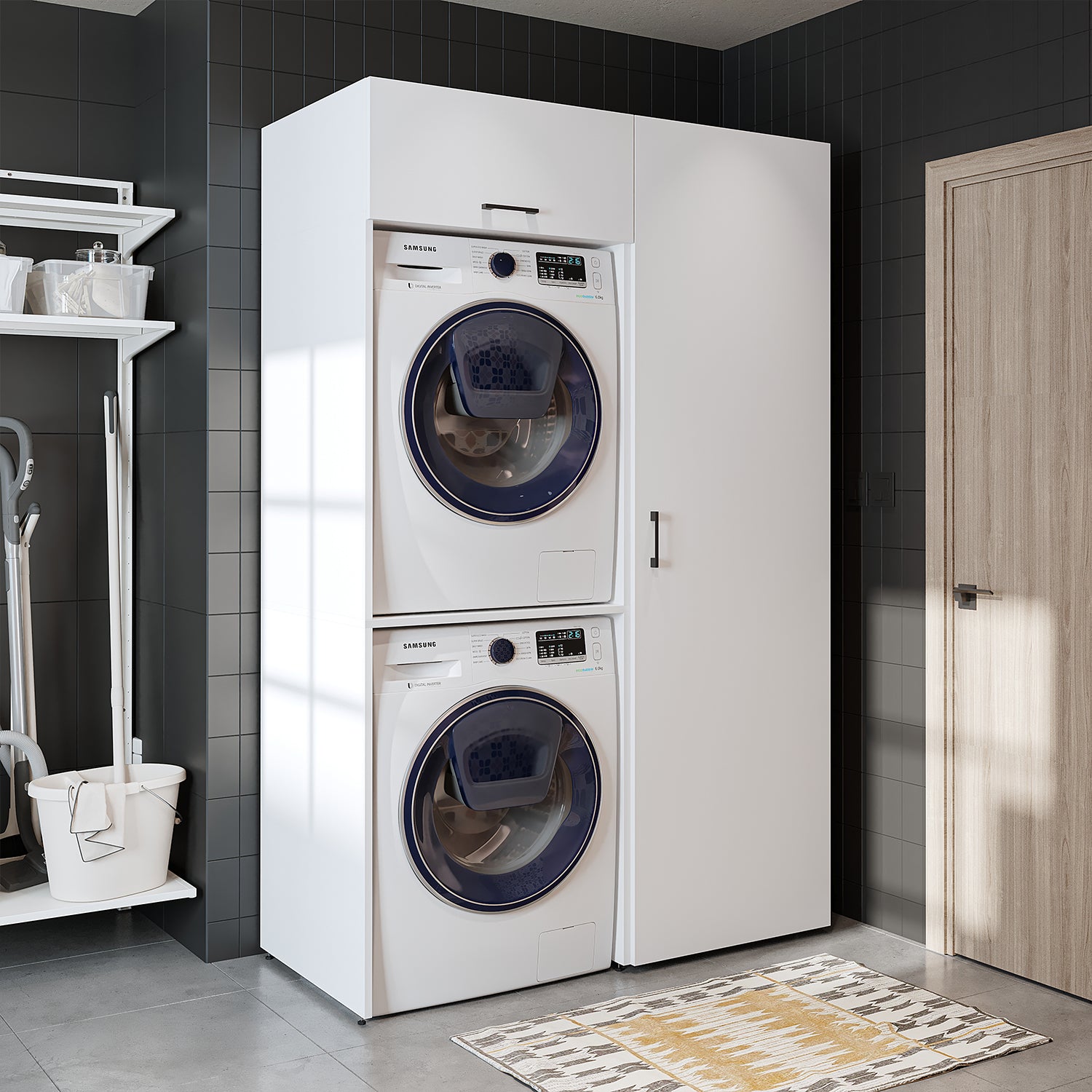 Roomart DUO Waschmaschinenschrank Trockner auf Waschmaschine • 127 cm breit • Weiß, Eiche Waschmaschinenschrank - waschmaschinenschrank, waschmaschinenregal, waschturm, schrank, weiß, waschmaschinen, unterschrank, waschmaschine, trockner, haushaltsschrank