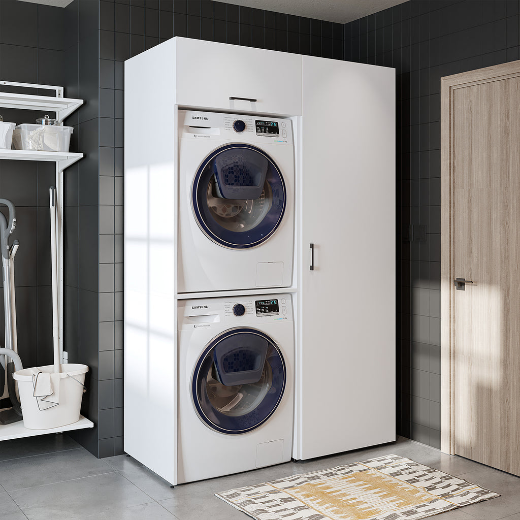 Roomart DUO Waschmaschinenschrank Trockner auf Waschmaschine • 127 cm breit • Weiß, Eiche Waschmaschinenschrank - waschmaschinenschrank, waschmaschinenregal, waschturm, schrank, weiß, waschmaschinen, unterschrank, waschmaschine, trockner, haushaltsschrank