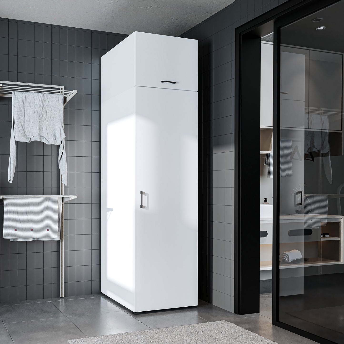 Roomart • DORA Hochschrank 60cm Breit • Weiß • Weiß Eiche • Eiche • Anthracit Eiche - waschmaschinenschrank, waschmaschinenregal, waschturm, schrank, weiß, waschmaschinen, unterschrank, waschmaschine, trockner, haushaltsschrank, schränke, badschrank, hoch