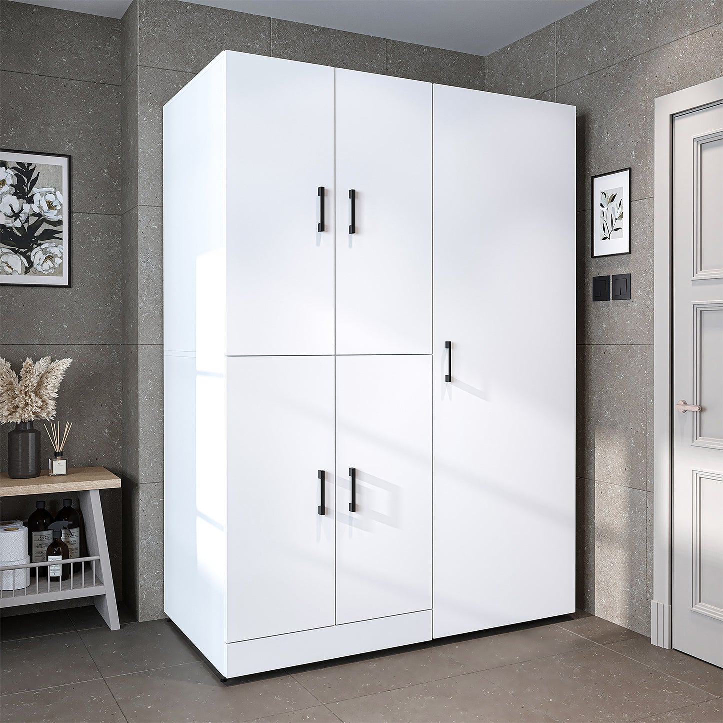 Roomart Waschmaschinenschrank " DORA SET" für Trockner & Waschmaschine, 130 cm breit, in 4 Farben, mit Türen & Ausziehbrett • Weiß • Weiß Eiche • Anthrazit Eiche • Eiche - waschmaschinenschrank, waschmaschinenregal, waschturm, schrank, weiß, waschmaschine
